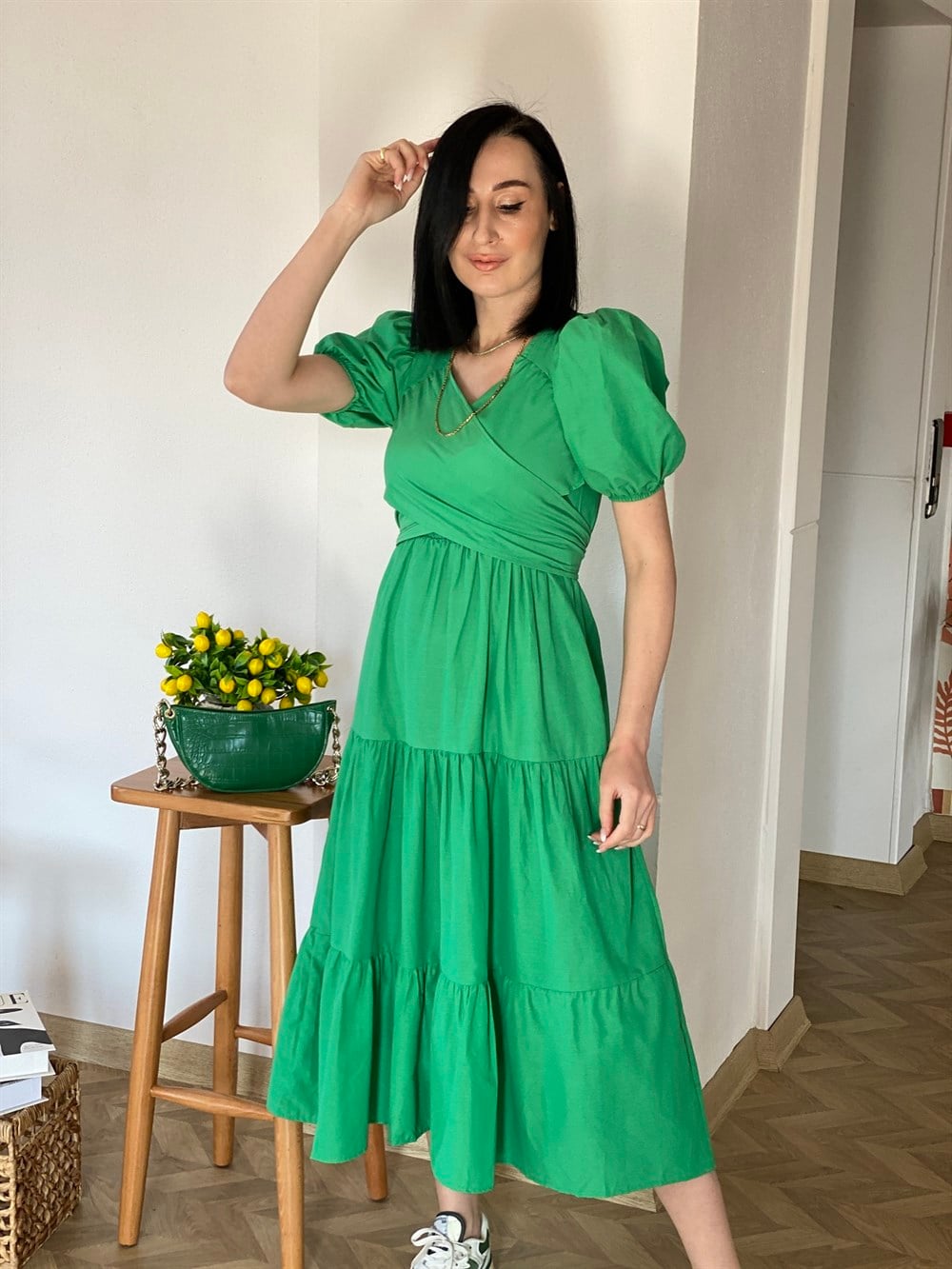 Yeşil Kuşaklı Poplin Elbise