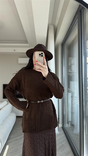 Acı Kahve Buklet Kumaş Oversize Kazak