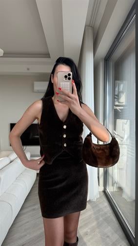 Acı Kahve Yelekli Peluş Takım