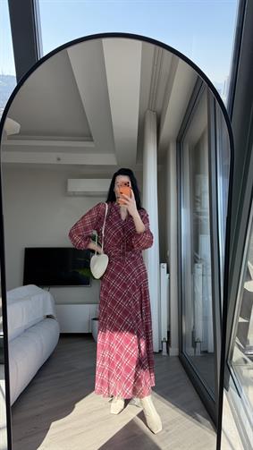 Bordo Bej Desenli Şifon Elbise
