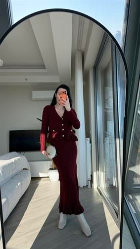 Bordo Fırfır Detaylı Triko Takım