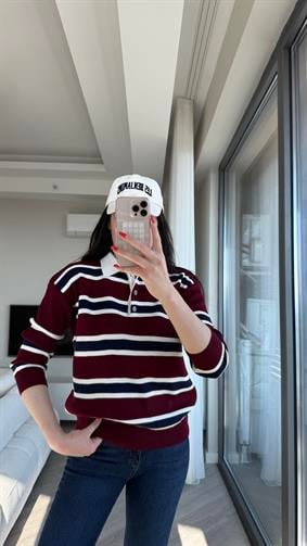 Bordo Lacivert Çizgili Polo Yaka Triko