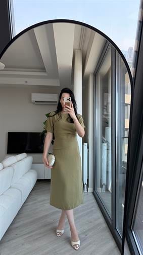 Haki Drape Detaylı Tensel Elbise