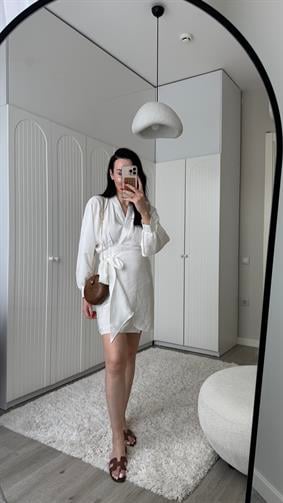 Modal Kumaş Beyaz Önden Bağlamalı Elbise