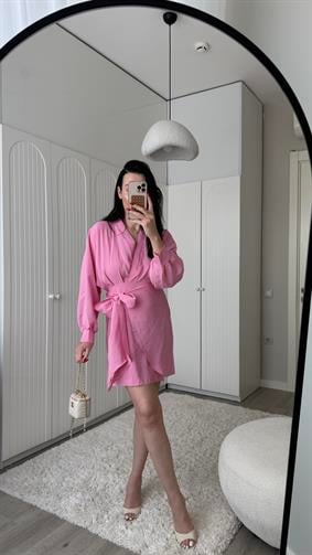 Modal Kumaş Pembe Önden Bağlamalı Elbise