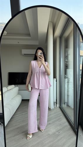Pembe Keten Yeleği Volanlı Takım