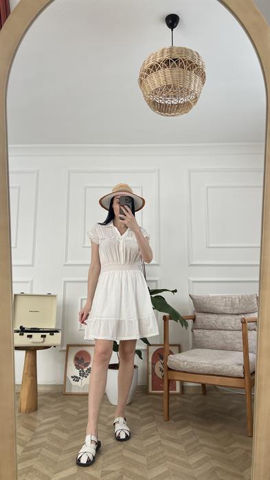 Beyaz İşleme Detaylı Beli Gipeli Elbise