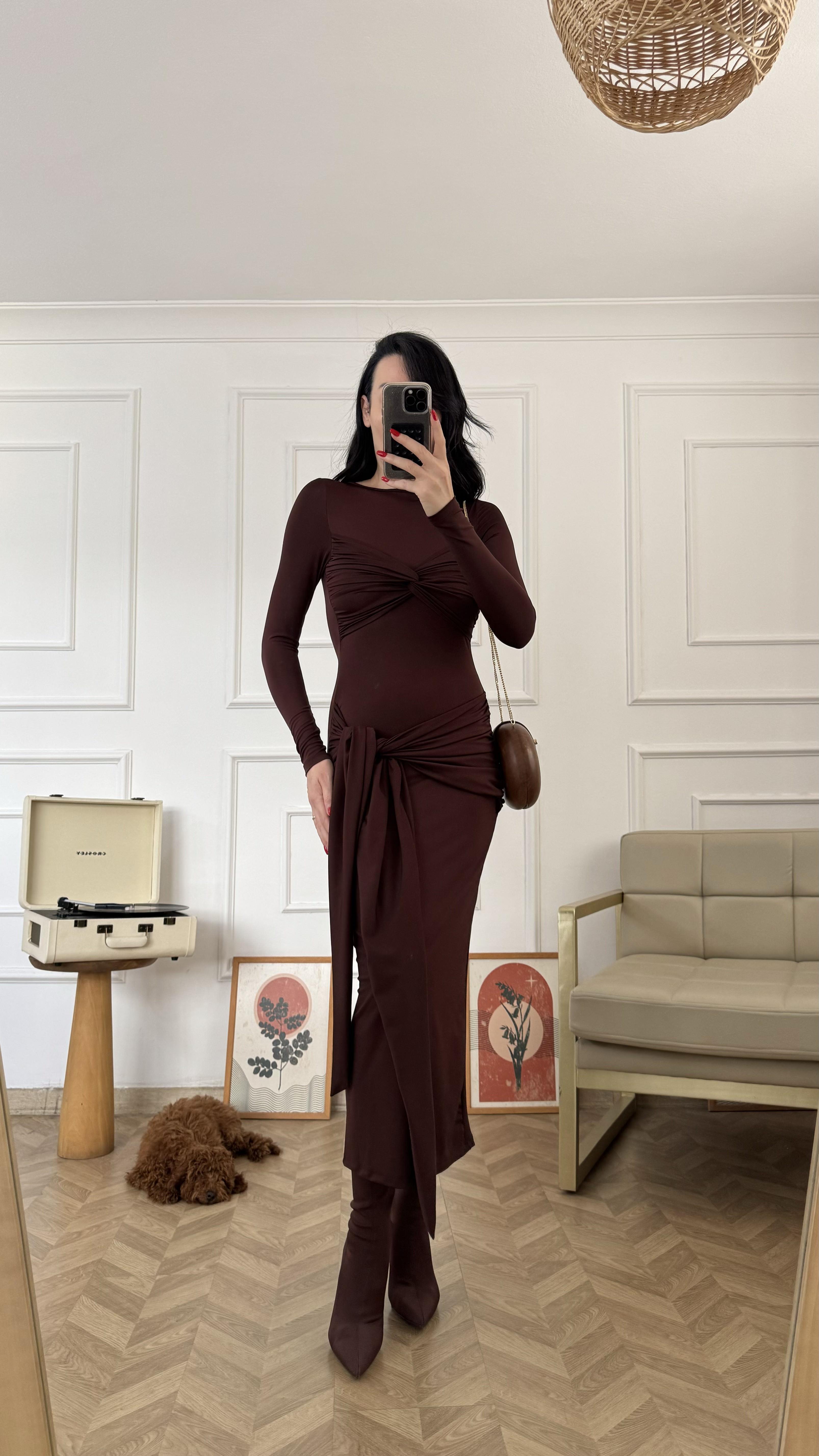 Acı Kahve Drape Detaylı Bağlamalı Likralı Elbise
