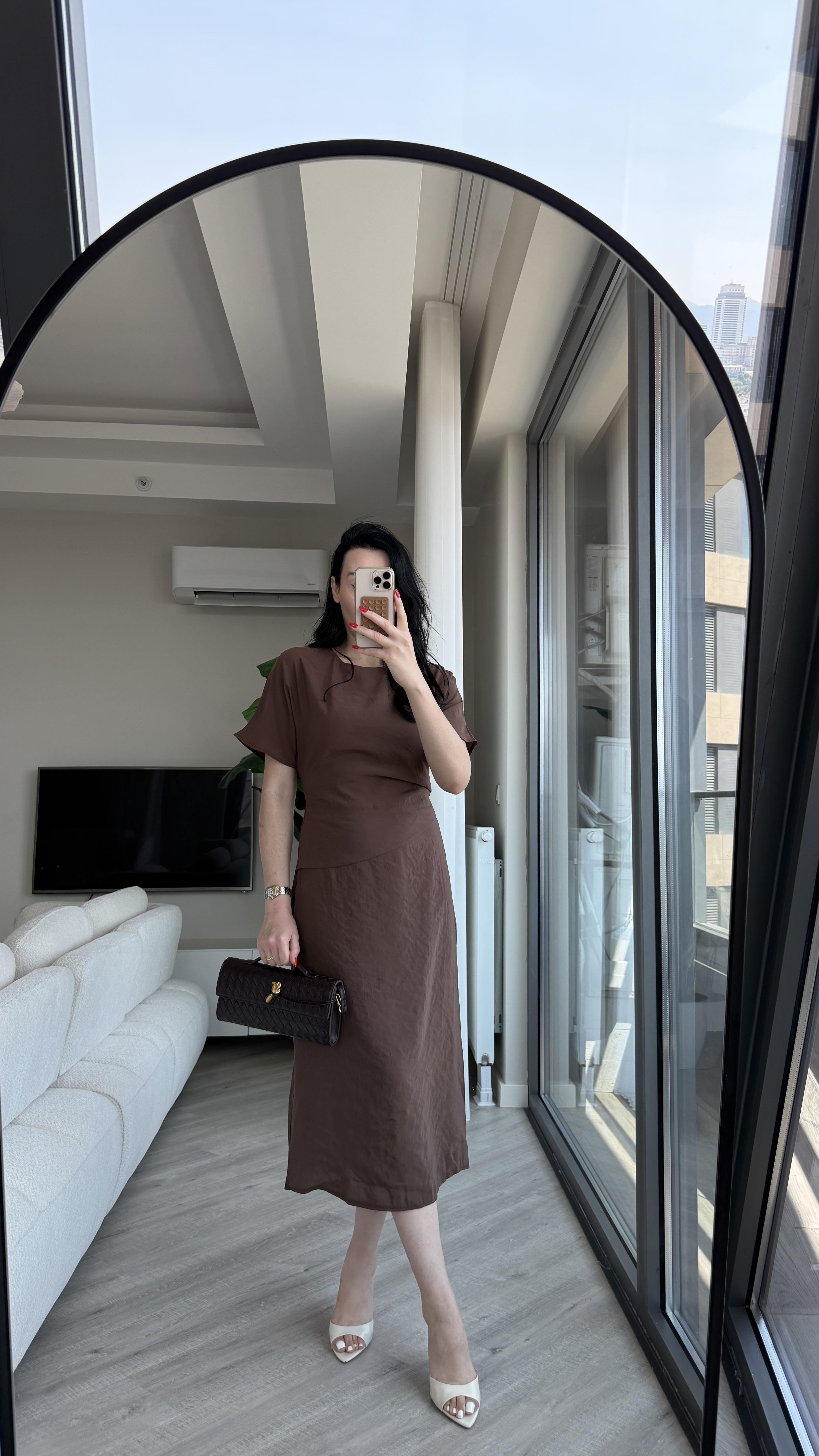 Acı Kahve Drape Detaylı Tensel Elbise