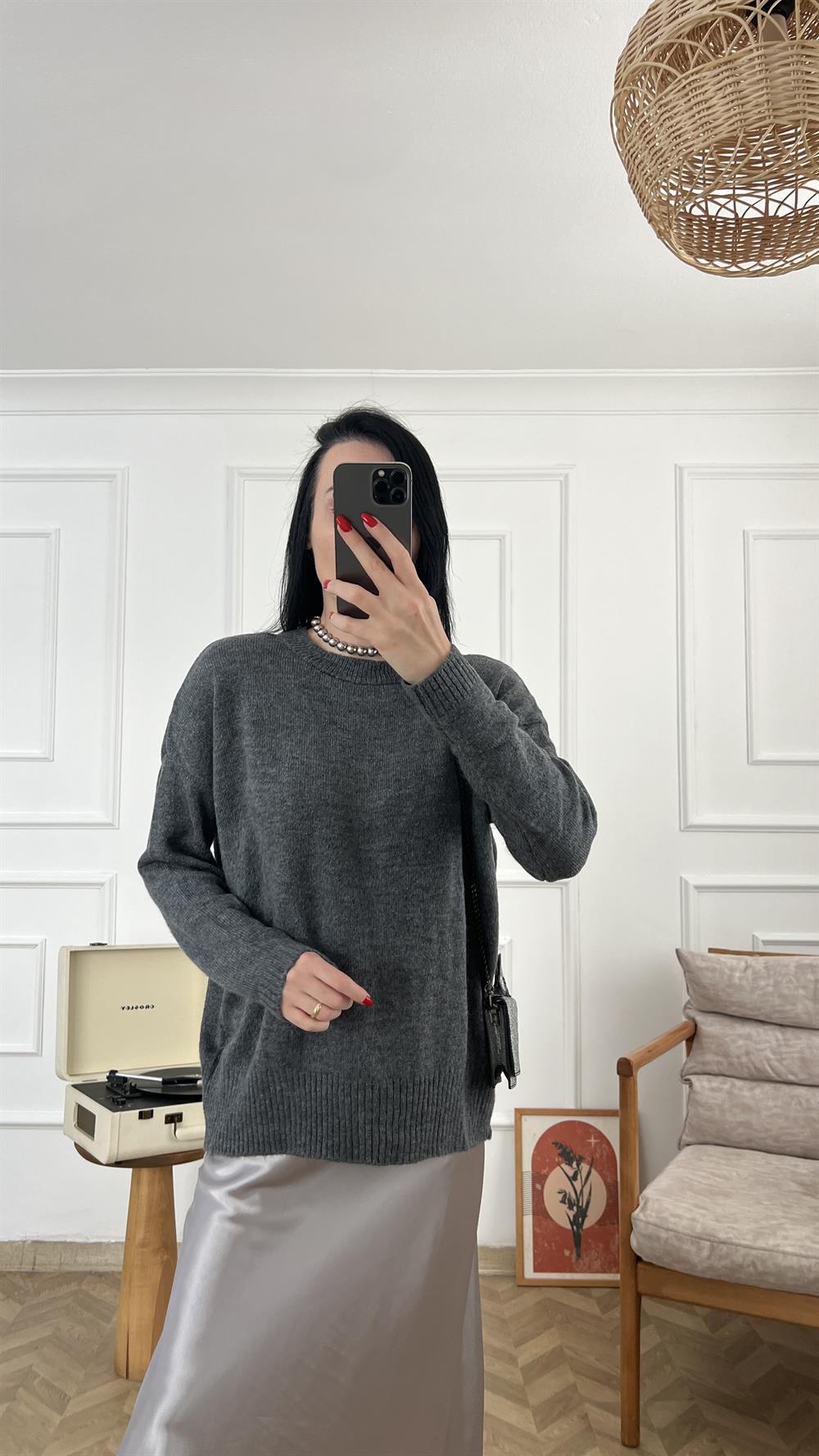 Antrasit Bisiklet Yaka Oversize Triko Kazak