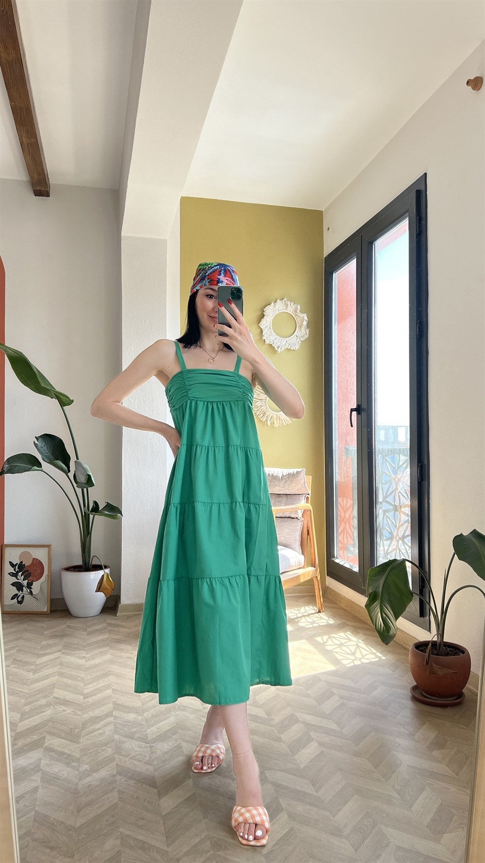 Askılı Yeşil Poplin Elbise