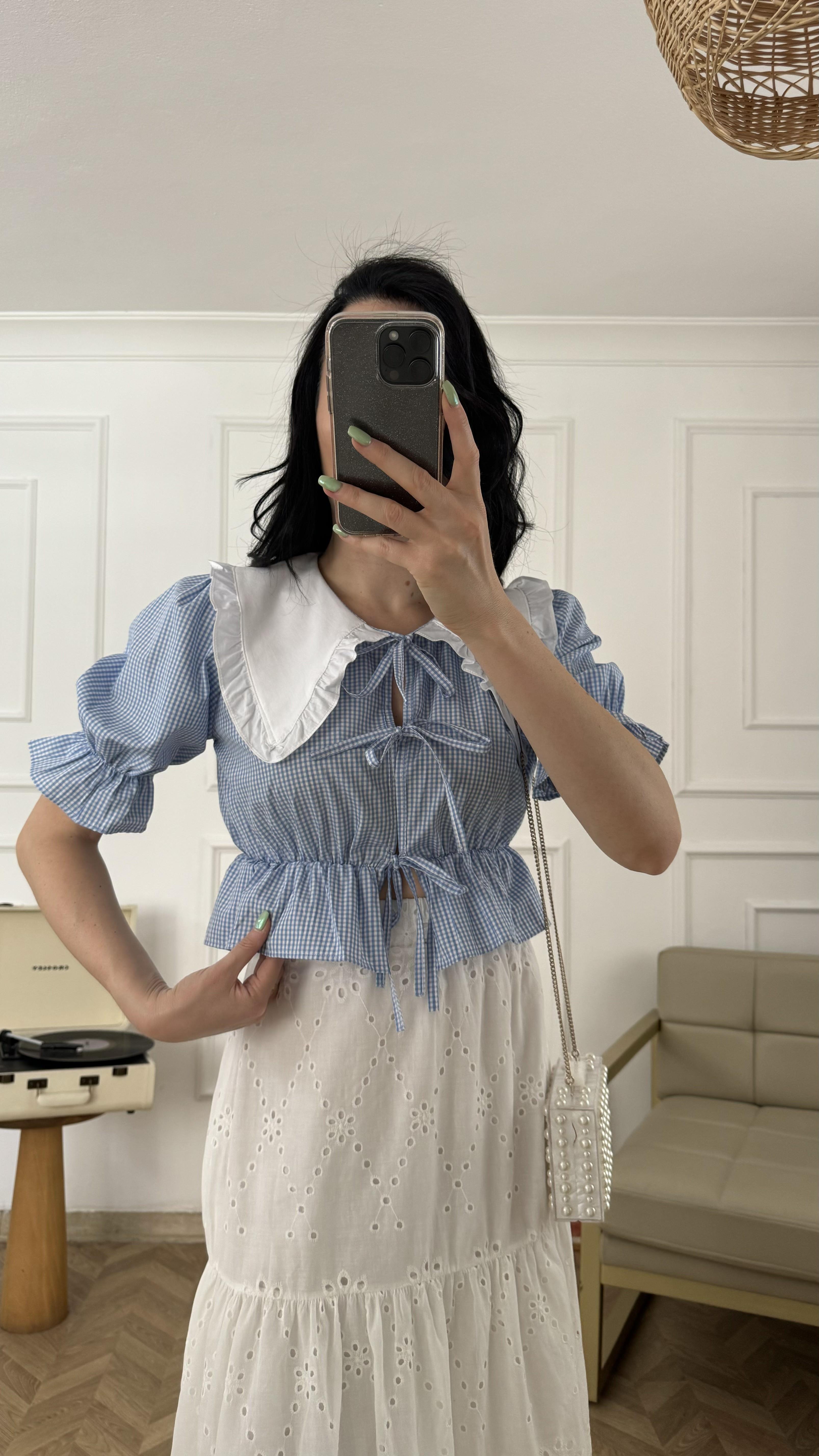 Bebe Mavi Pötikareli Önden Bağlamalı Bluz