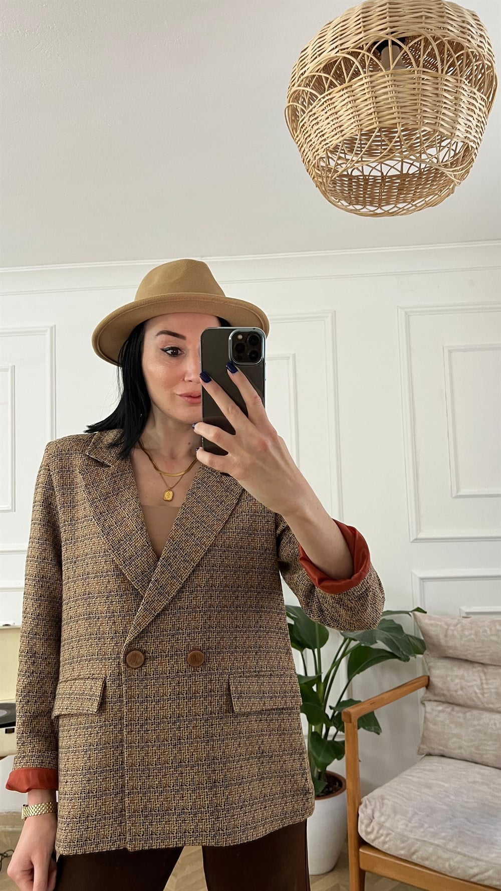 Bej Astarlı Etnik Desen Blazer Ceket