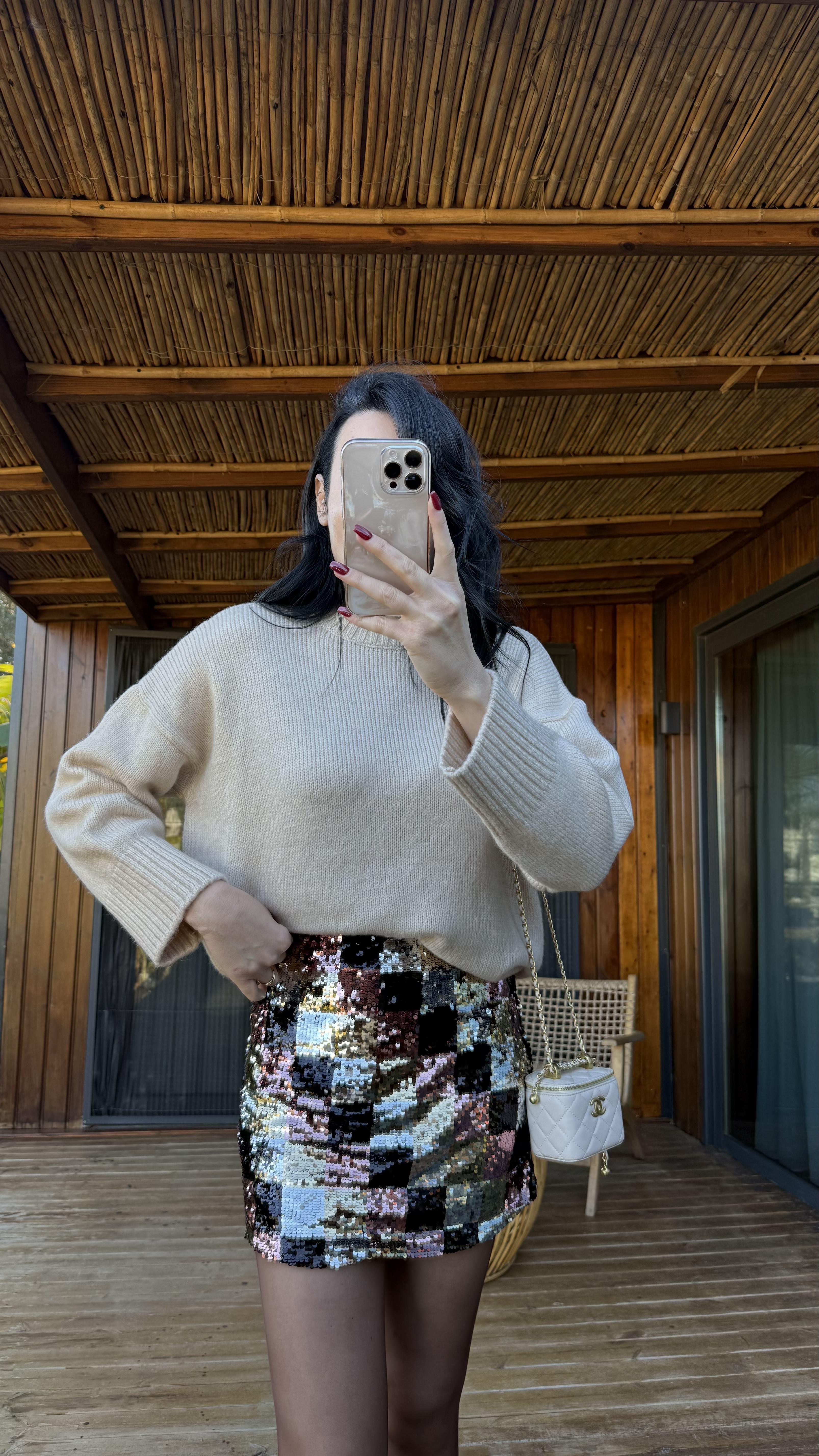 Bej Bisiklet Yaka Oversize Kazak