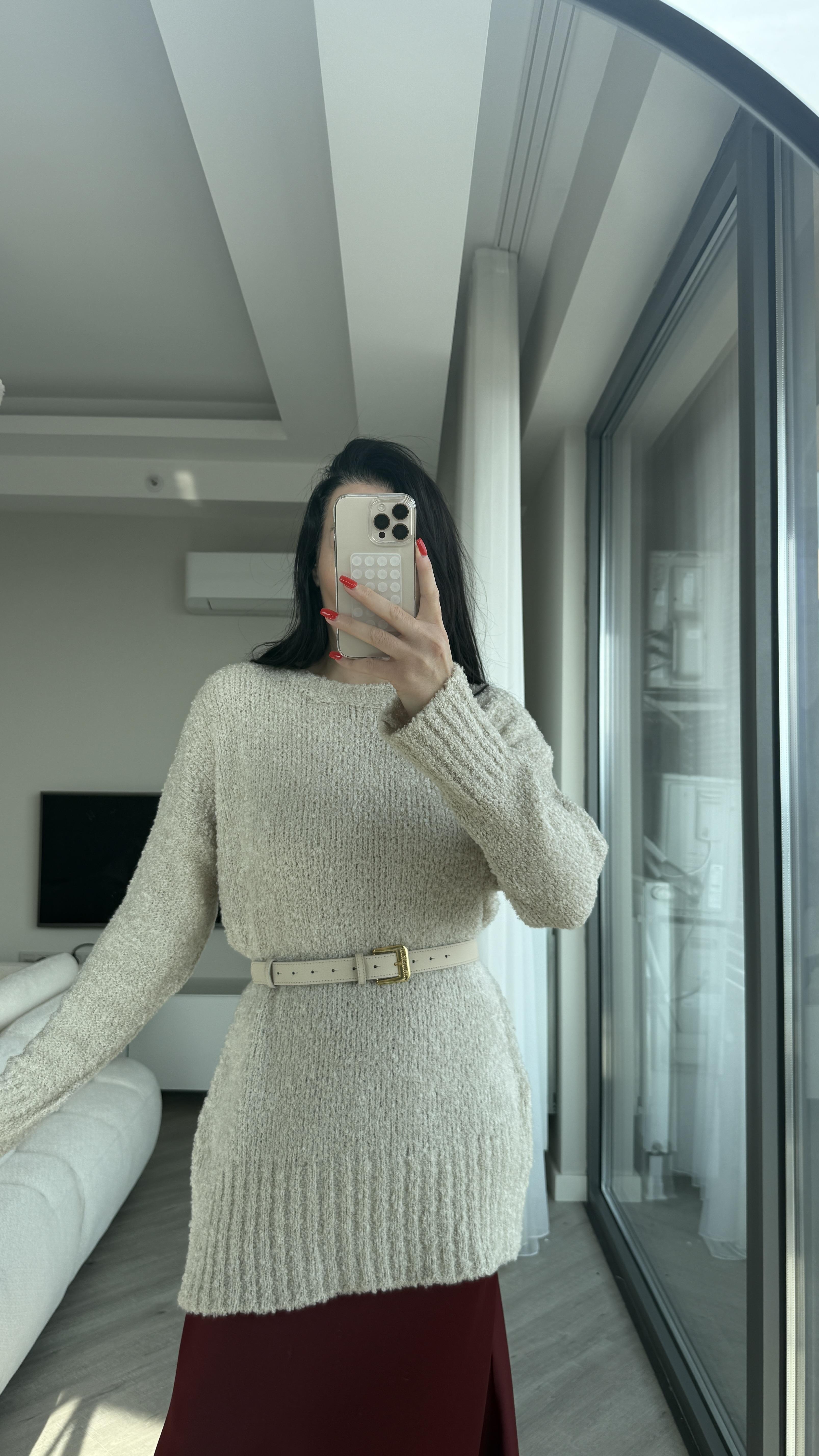 Bej Buklet Kumaş Oversize Kazak