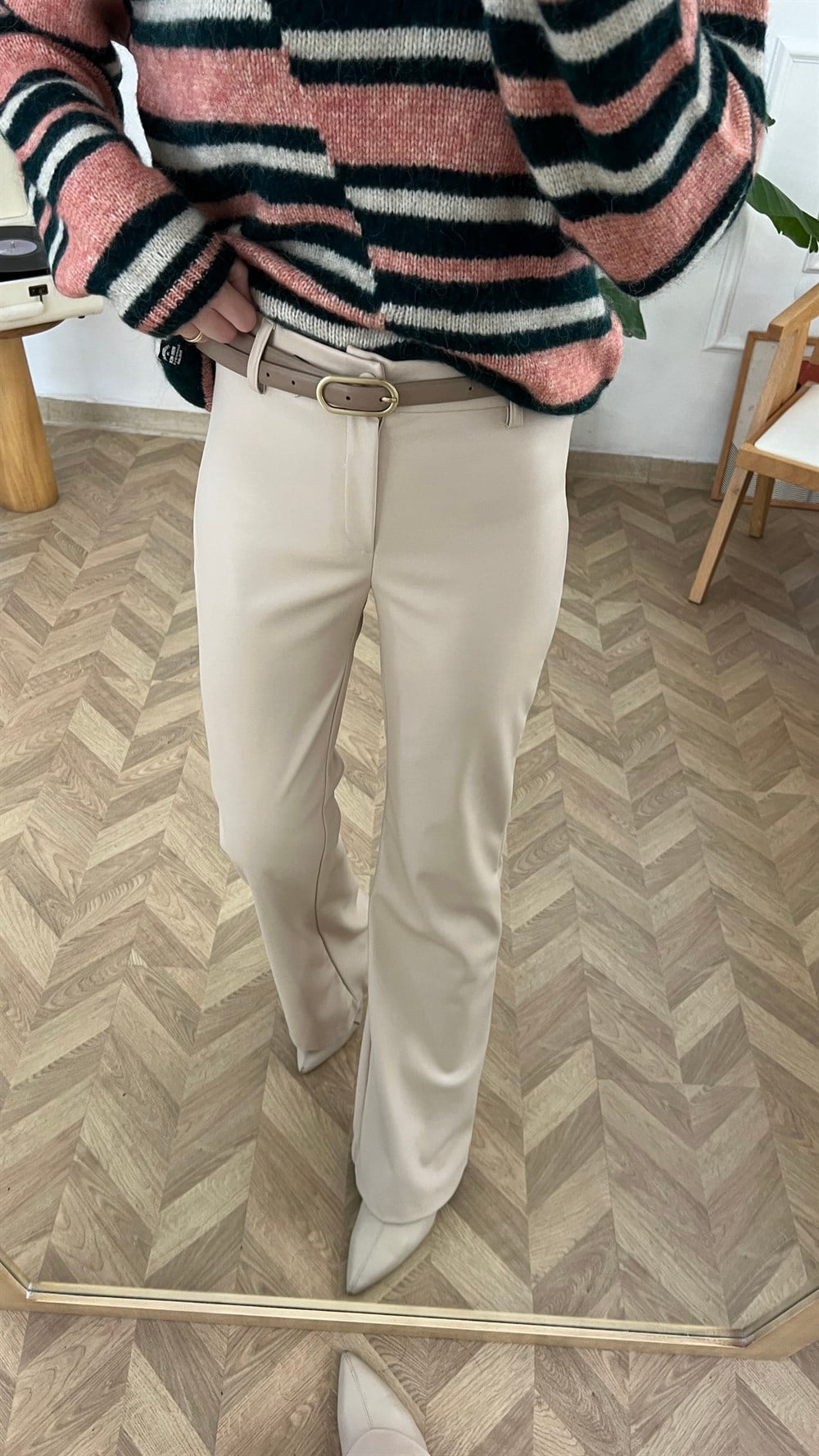 Bej Deri İspanyol Paça Pantolon