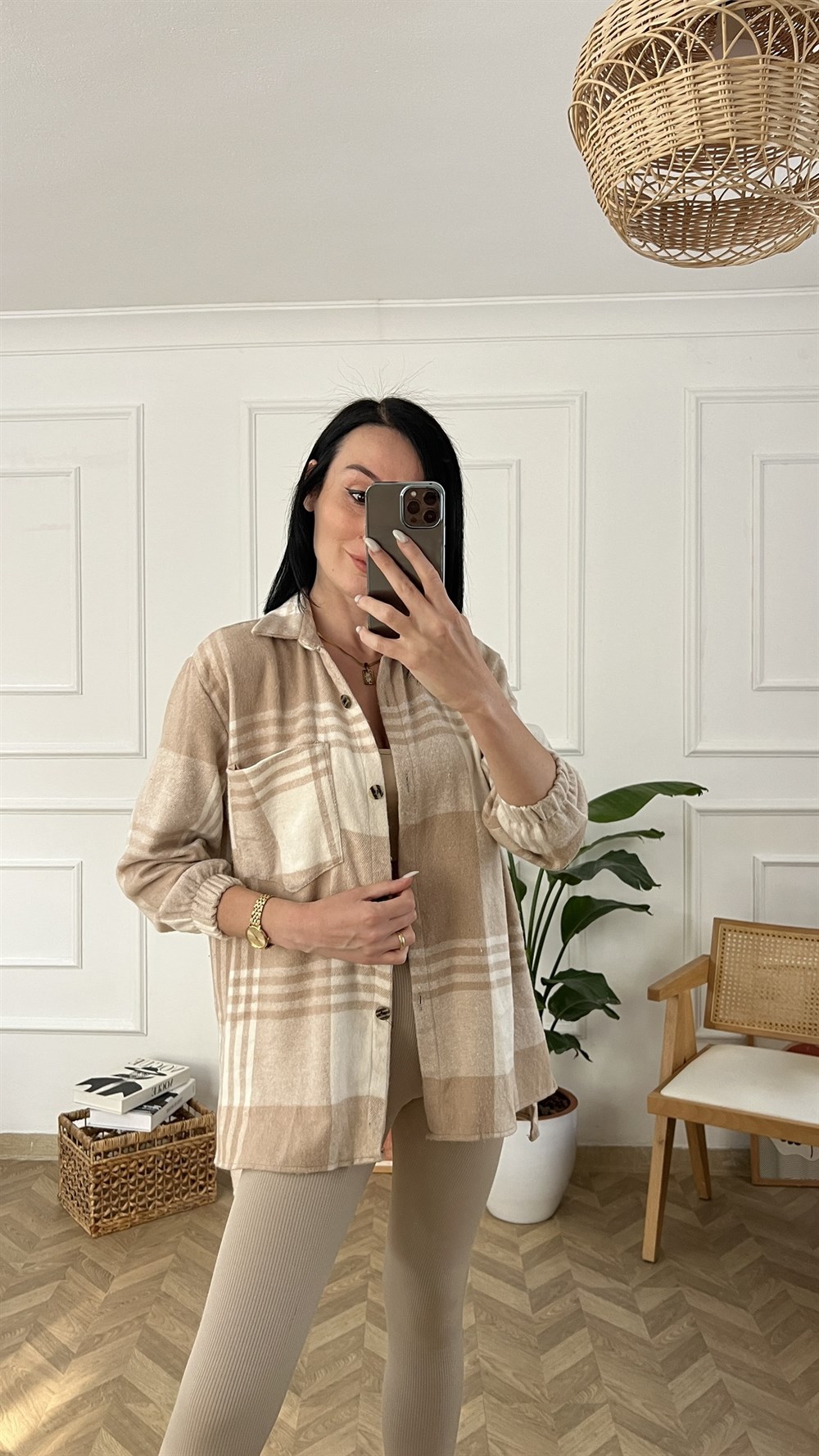 Bej Ekose Desen Oduncu Gömlek