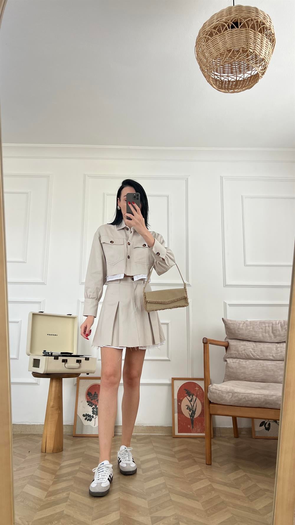 Bej Gabardin Kumaş Etek Ceket Takım
