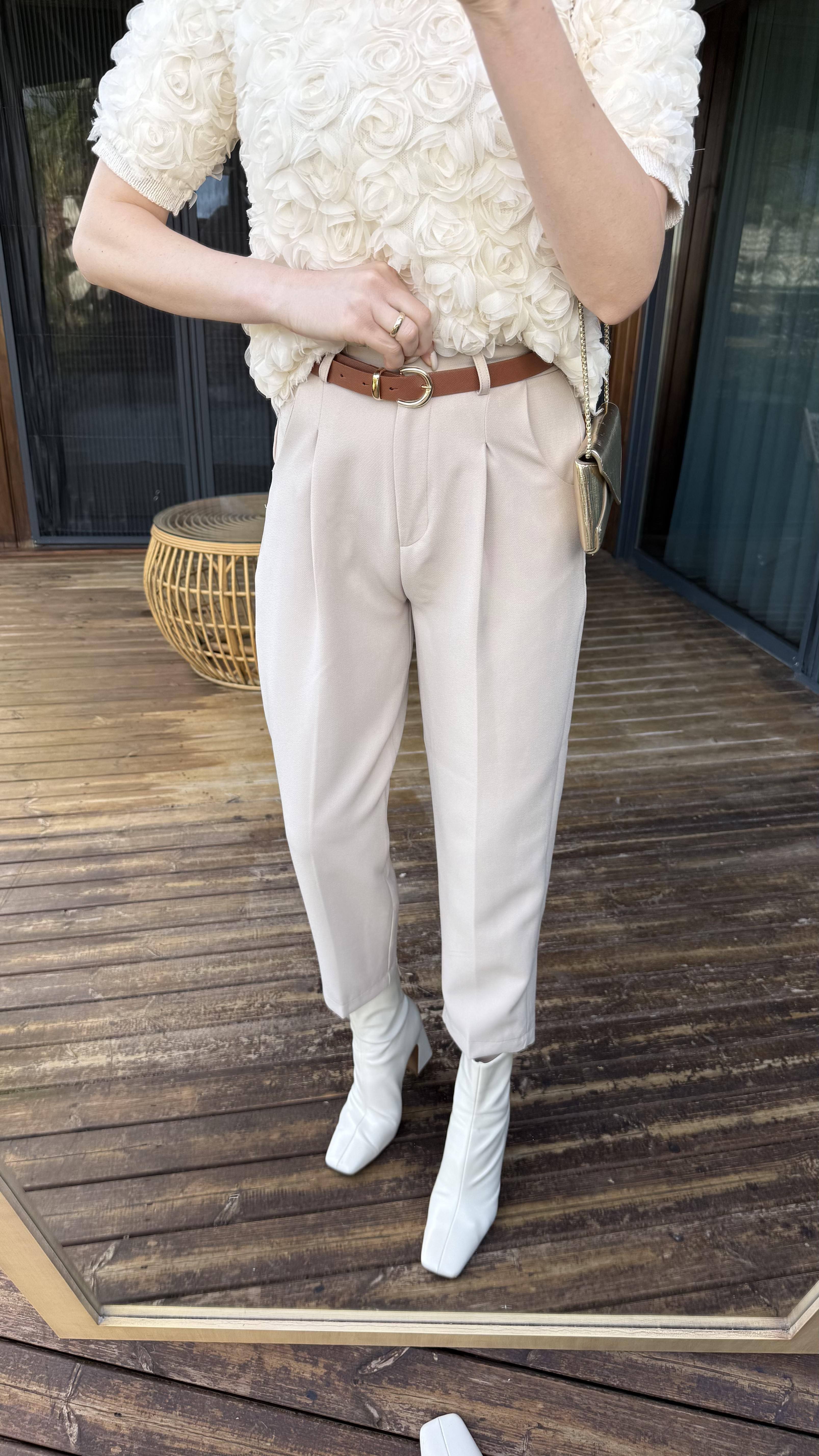Bej Kendinden Taba Kemerli Havuç Pantalon