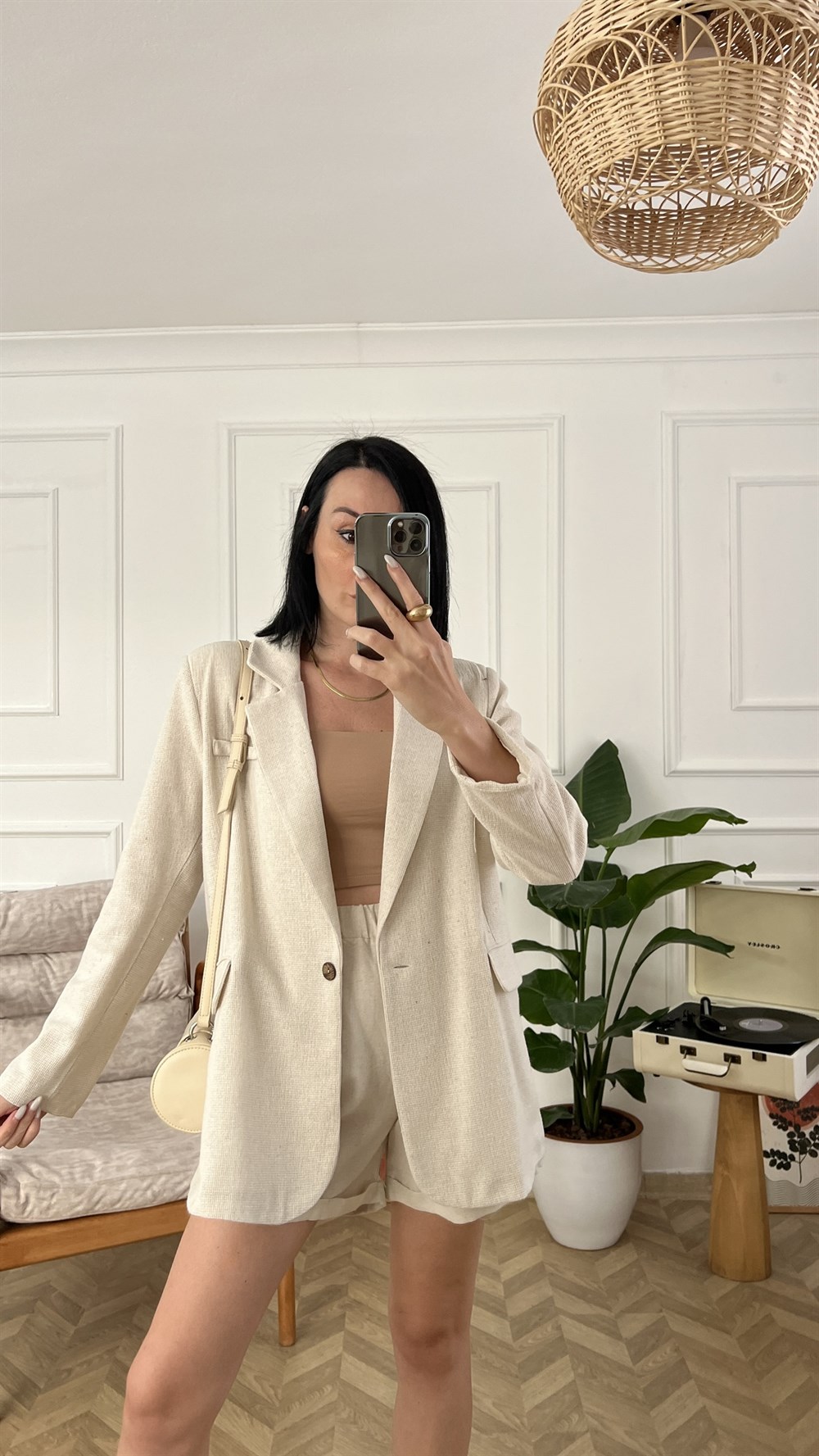 Bej Keten Oversize Blazer Ceket