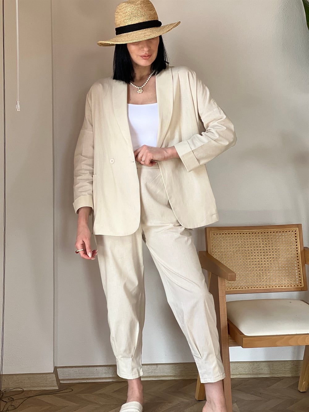 Bej Oversize Keten Takım 
