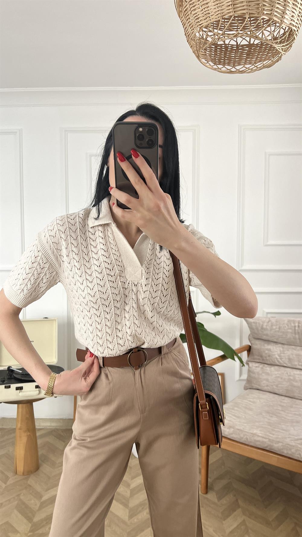 Bej Polo Yaka Örgü Triko