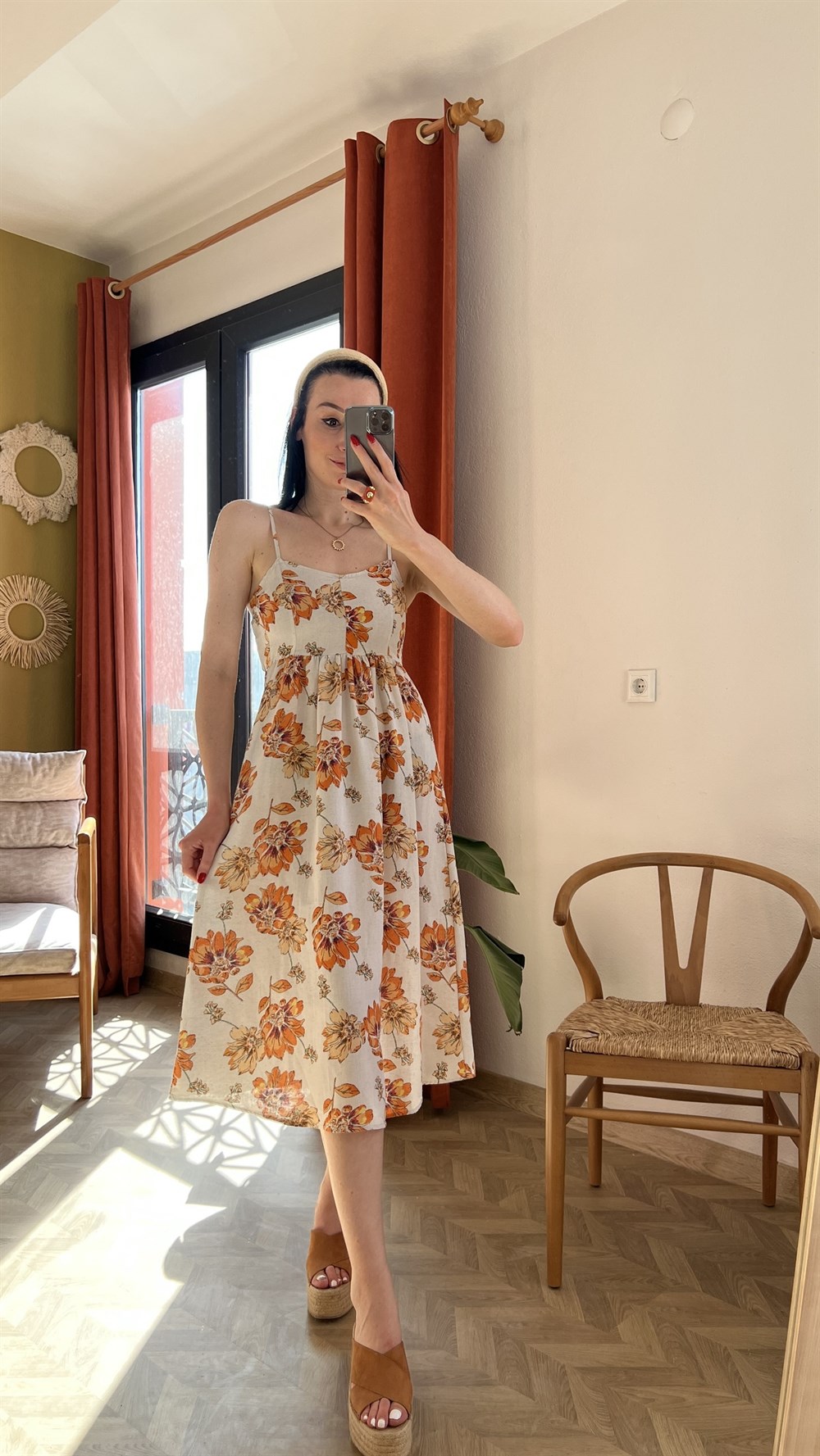Bej Turuncu Çiçek Desen Keten Elbise