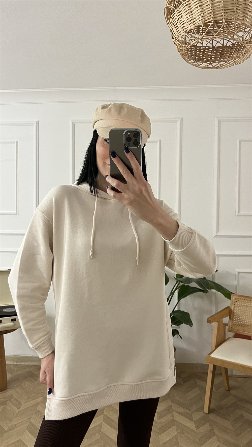 Bej Yanları Yırtmaçlı Kapüşonlu Tunik Sweat