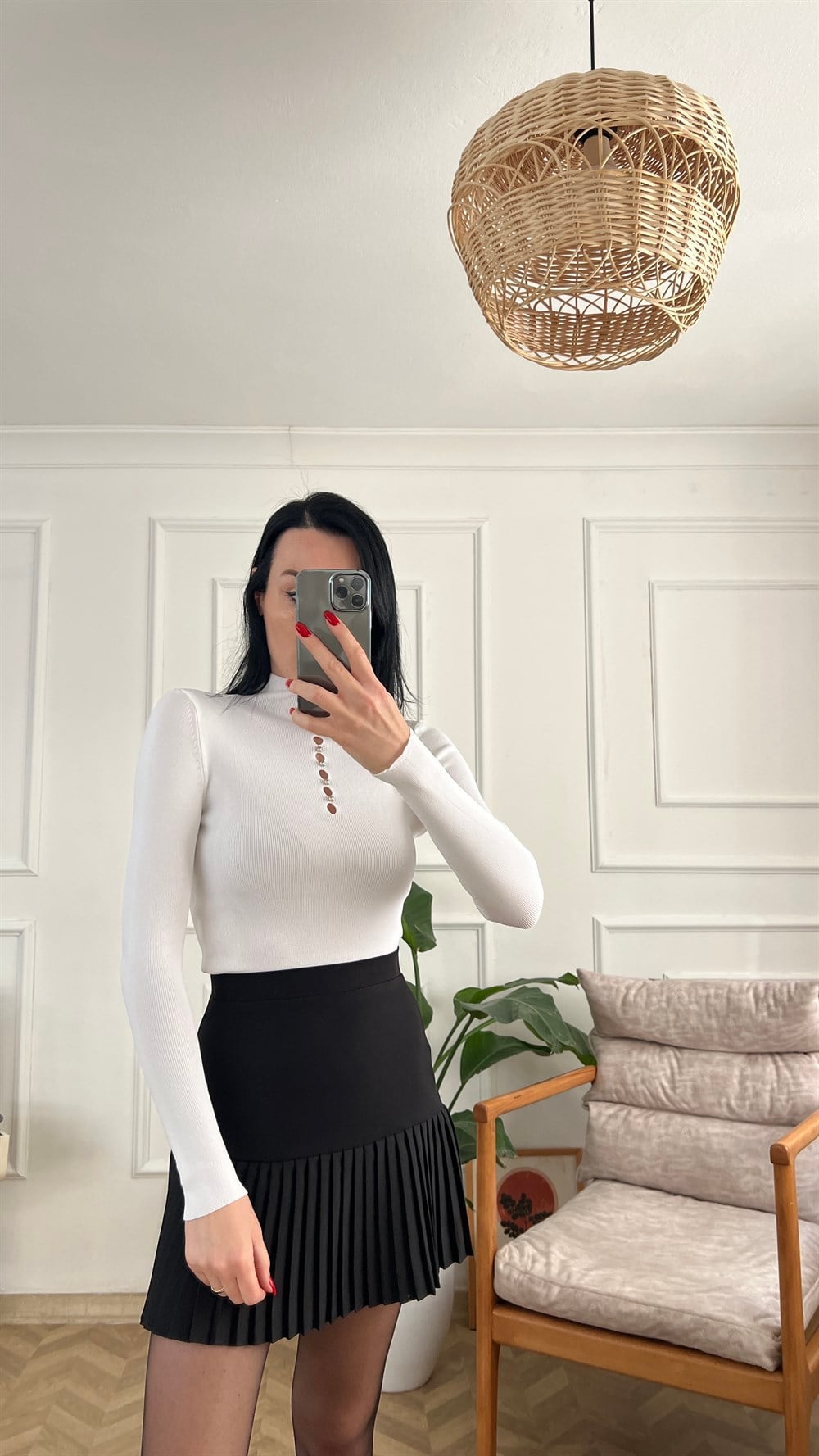 Beyaz Minik Taş Detaylı Likralı Triko