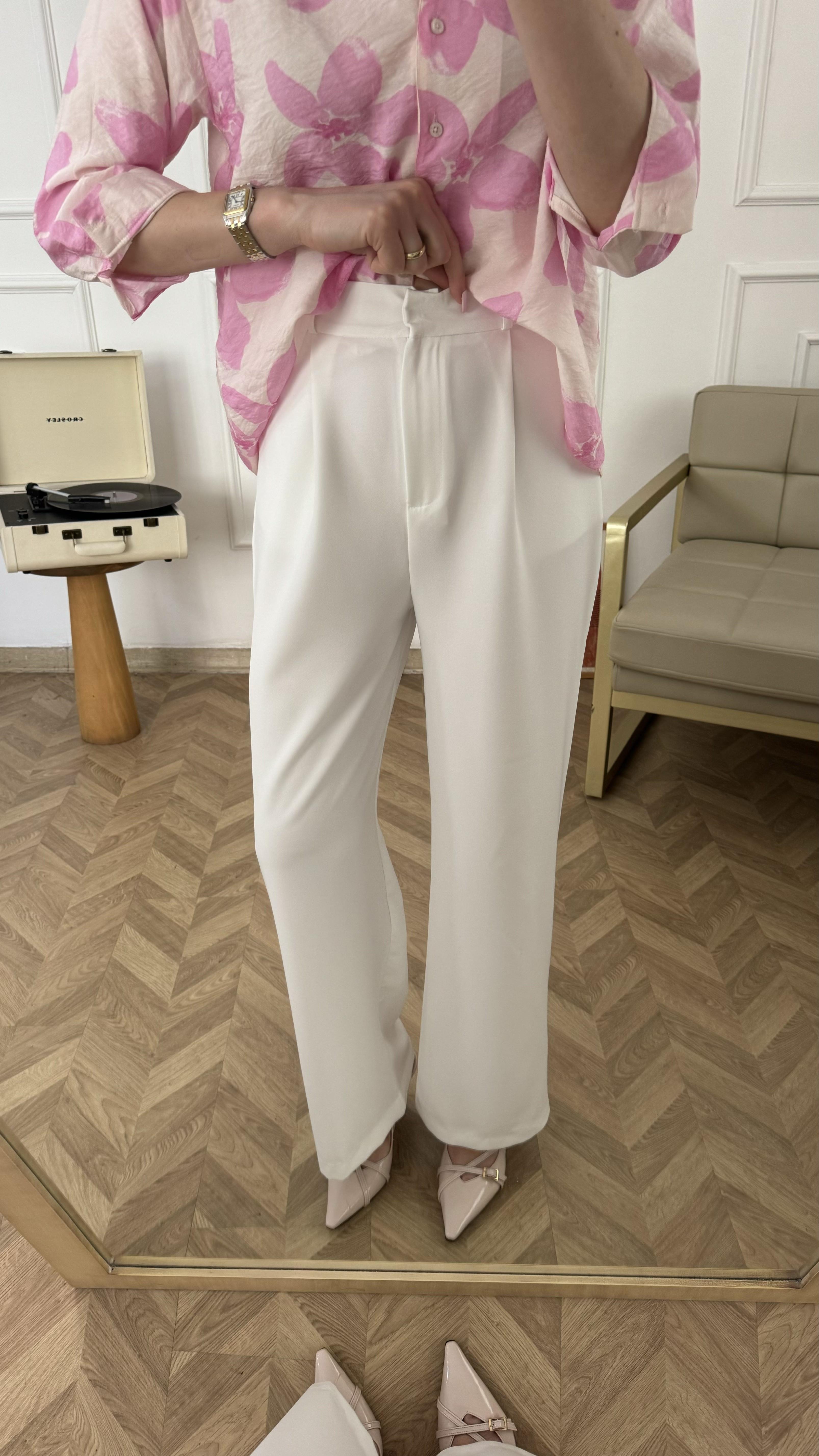 Beyaz Tok Kumaş Palazzo Pantalon