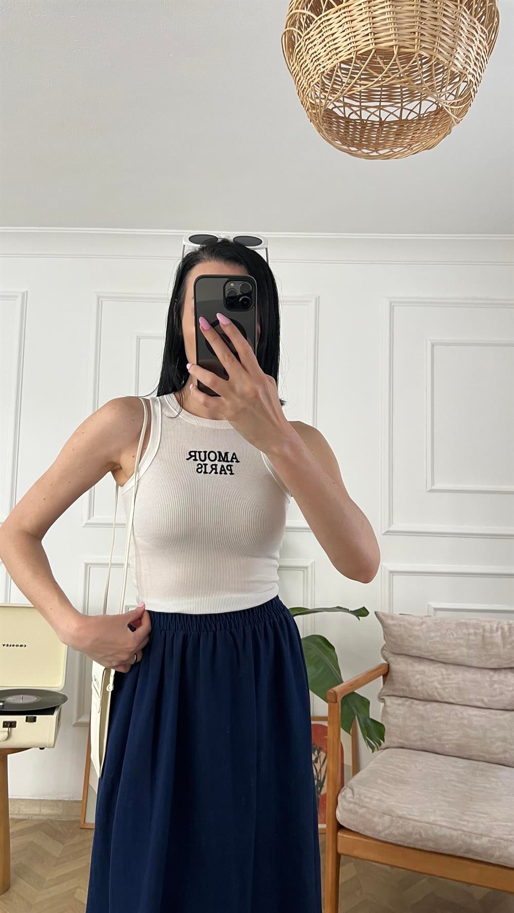 Beyaz Yazılı Halter Yaka Fitilli Triko