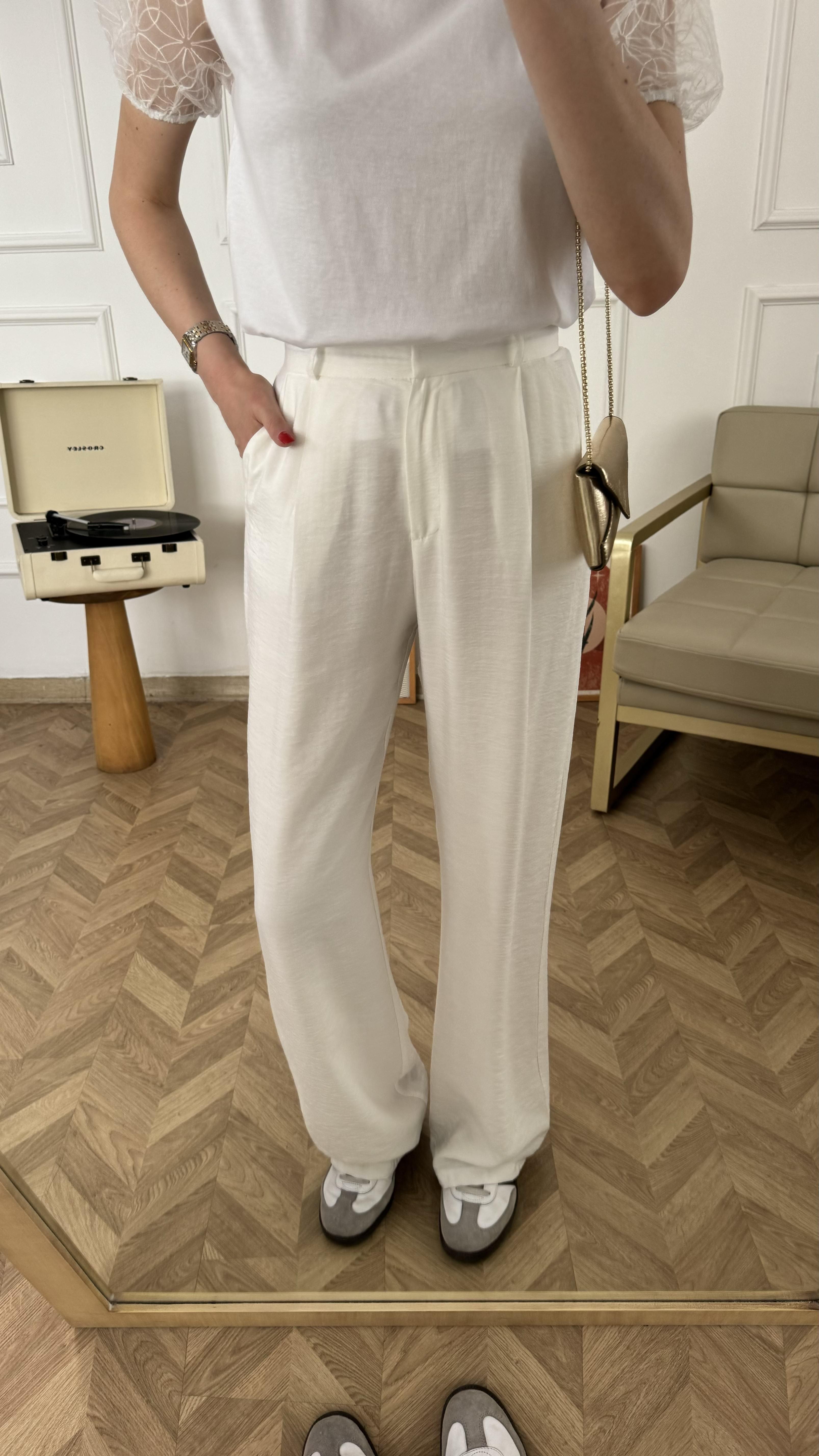Beyaz Yüksek Bel Keten Pantalon
