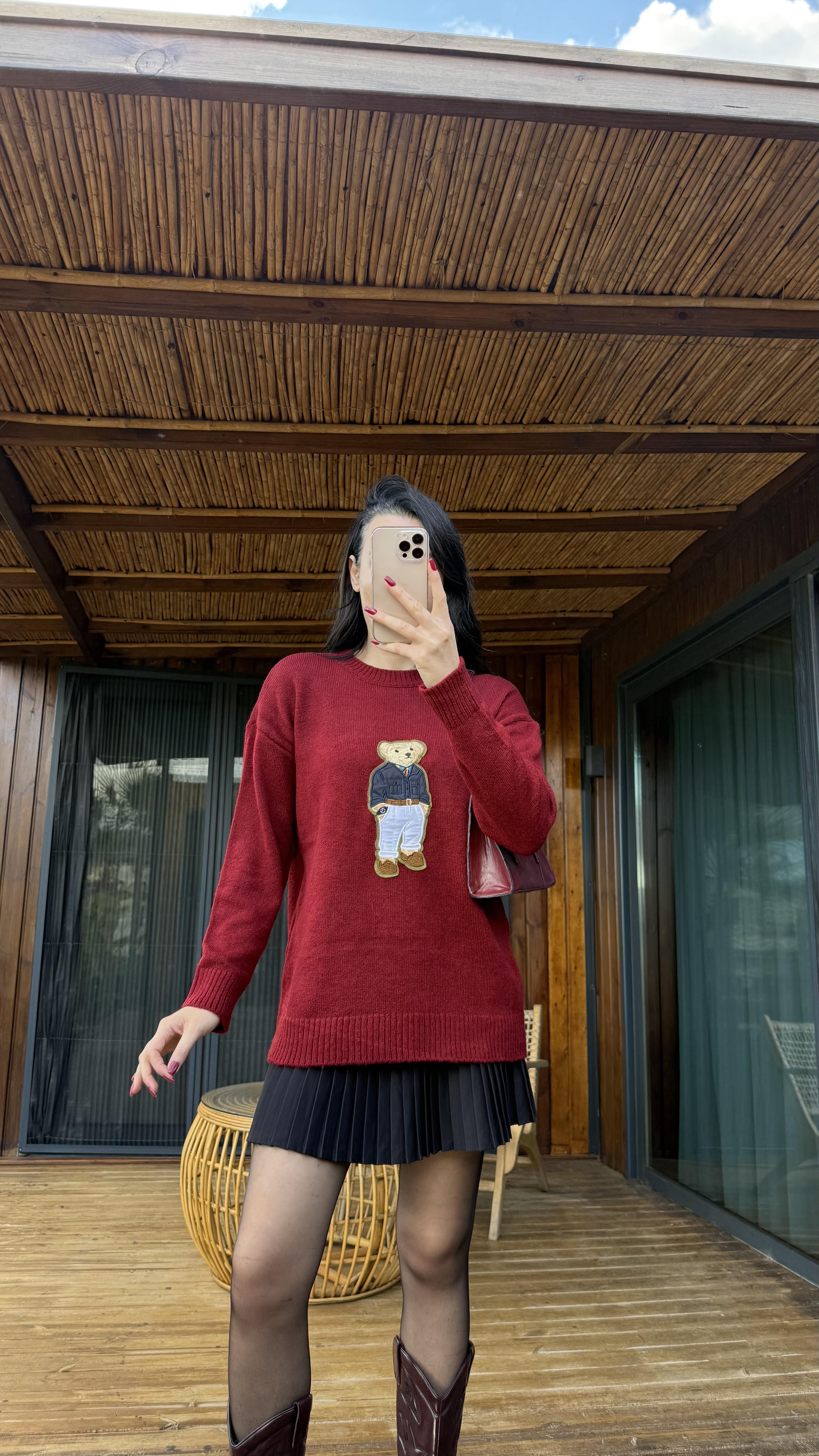 Bordo Ayıcık Desen Triko Kazak