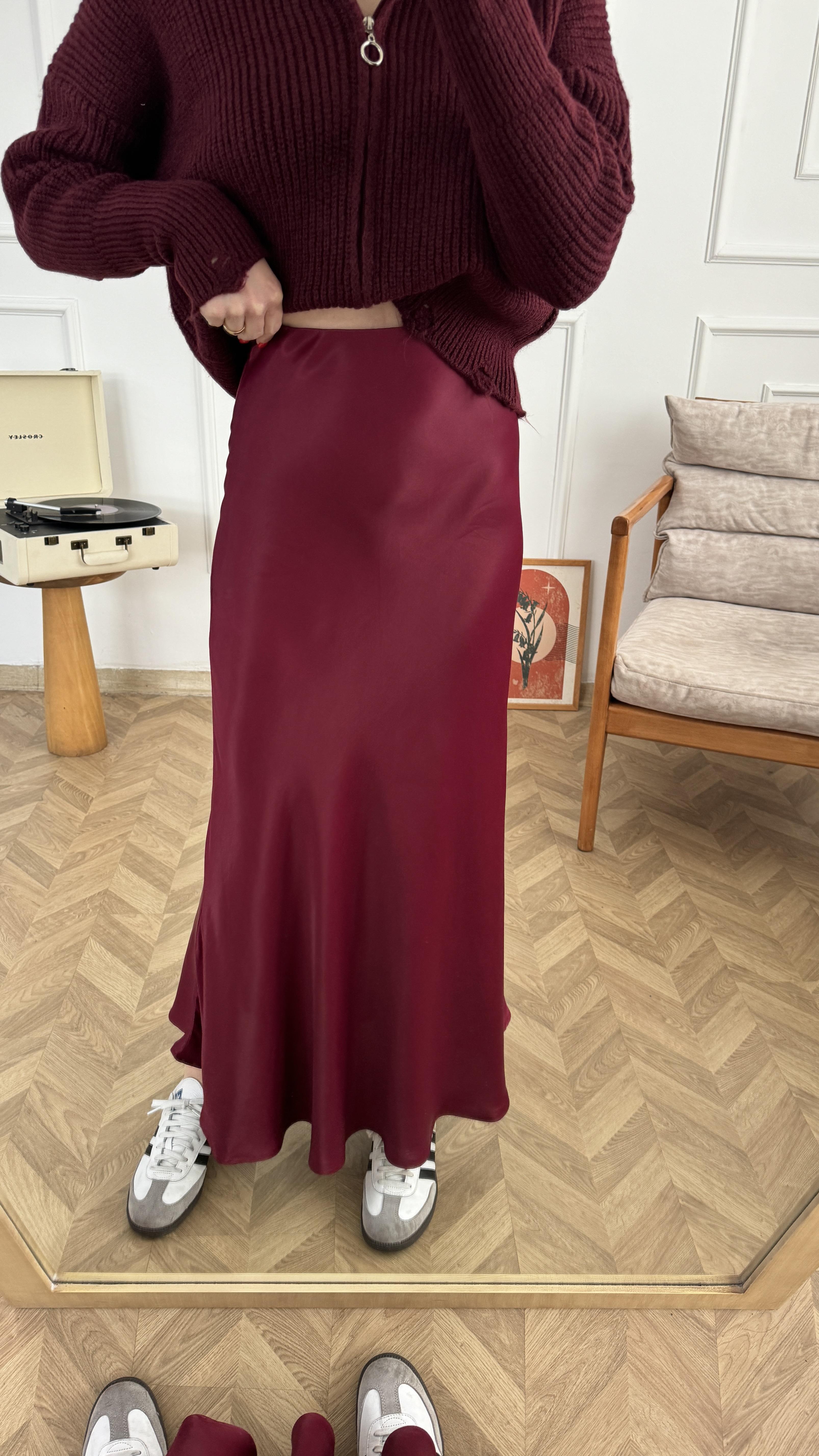 Bordo Beli Lastikli Saten Etek