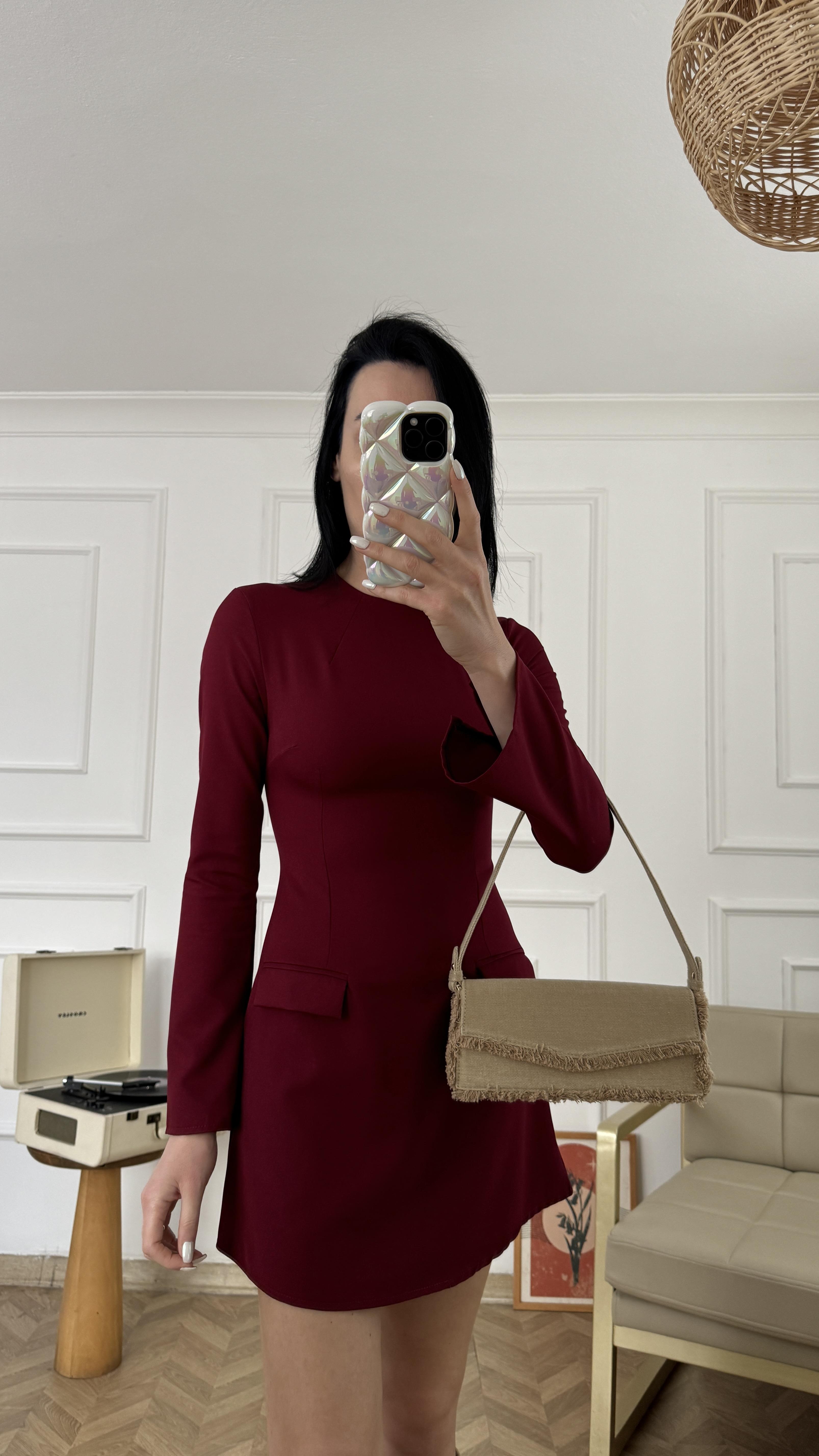 Bordo Cep Detaylı Elbise
