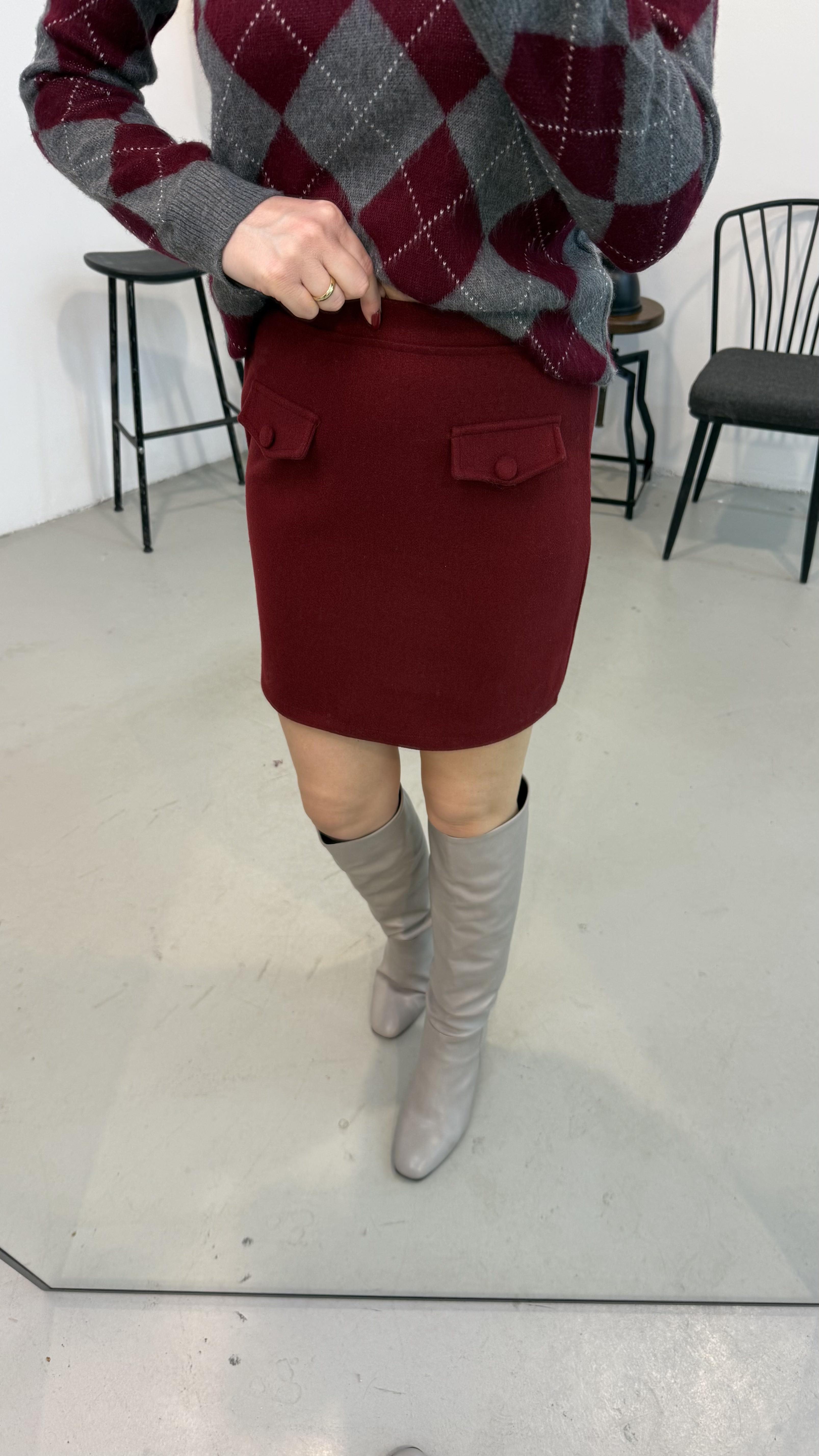 Bordo Cep Detaylı Kaşe Etek