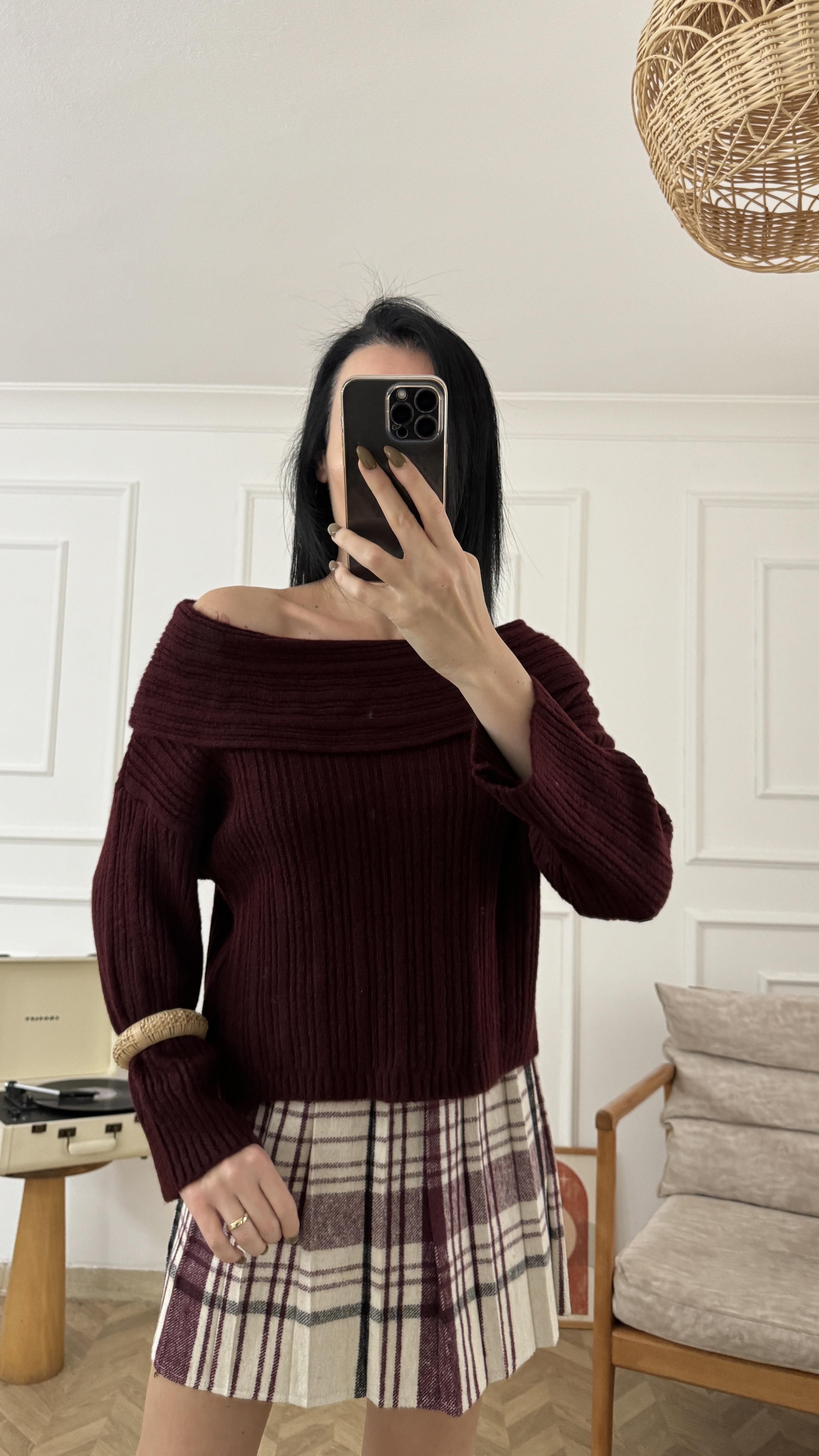 Bordo Degaje Yaka Fitilli Triko Kazak