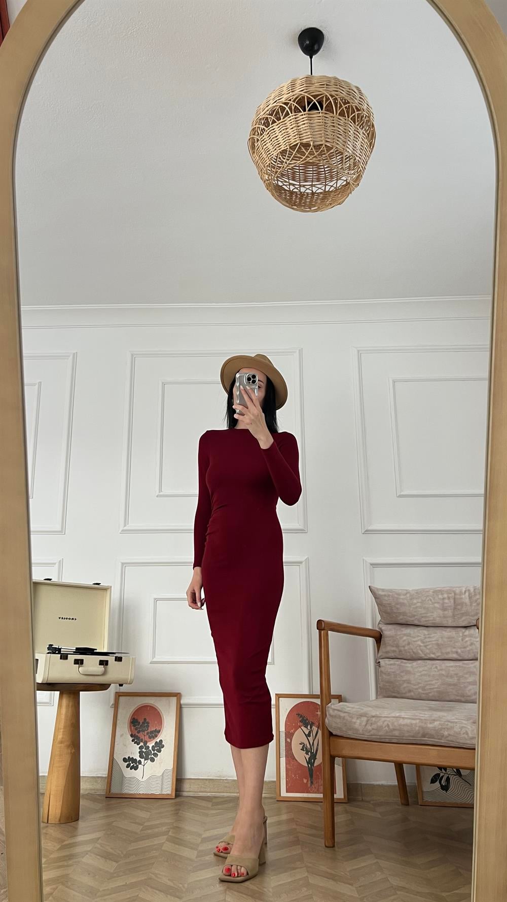 Bordo Drape Detaylı Likralı Triko Elbise