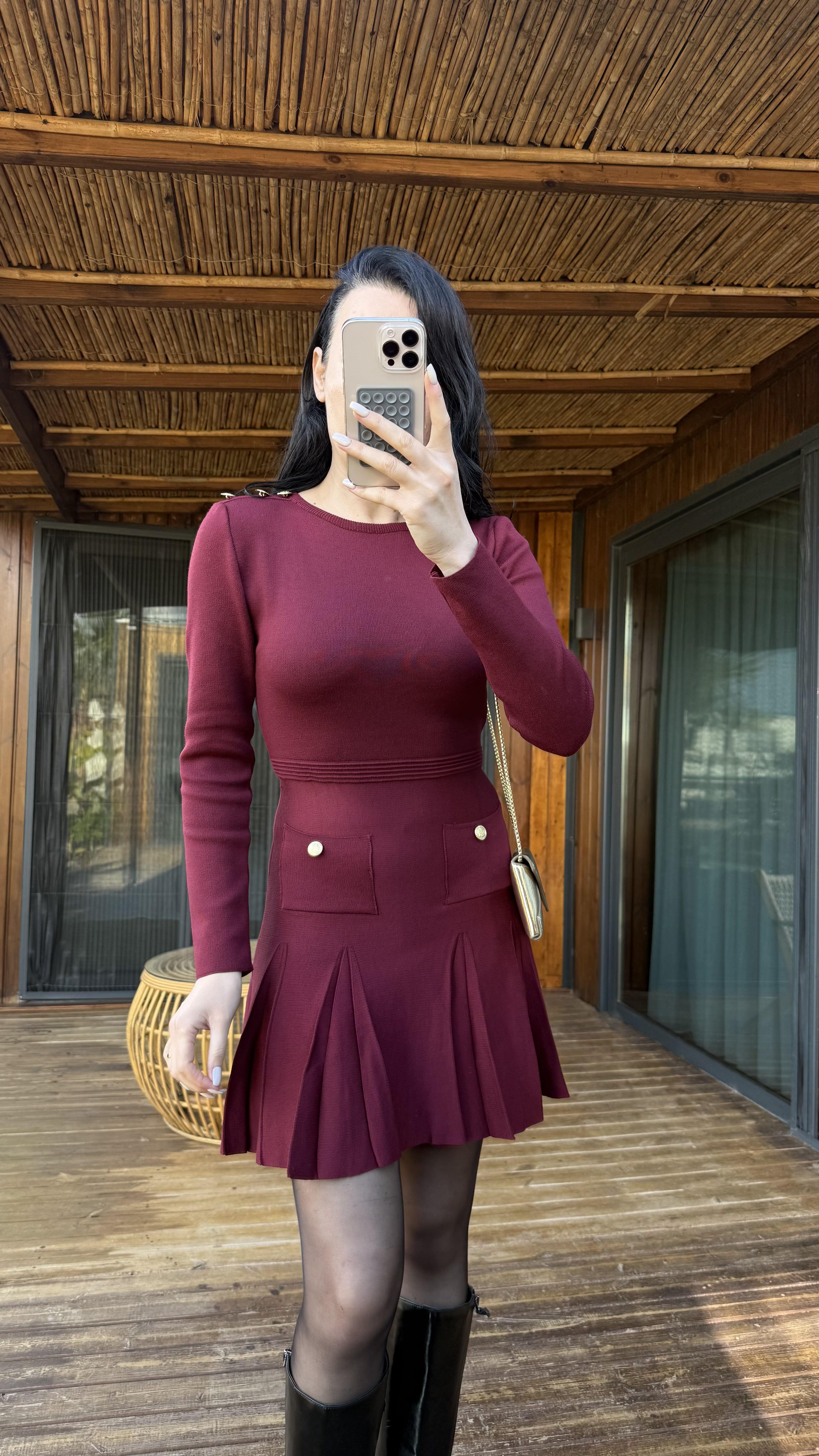 Bordo Gold Düğmeli Çelik Triko Elbise