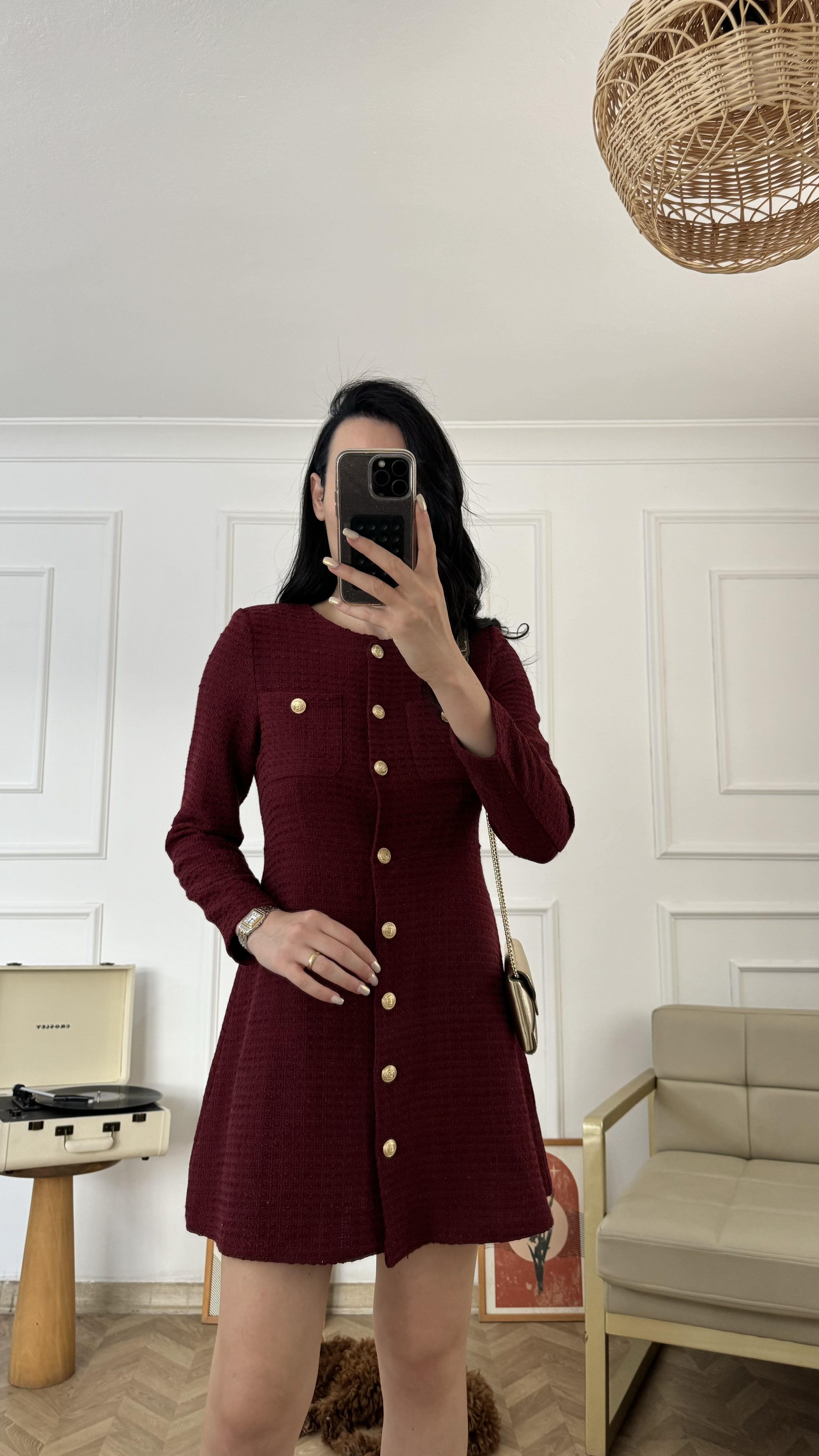 Bordo Gold Düğmeli Tuvit Elbise