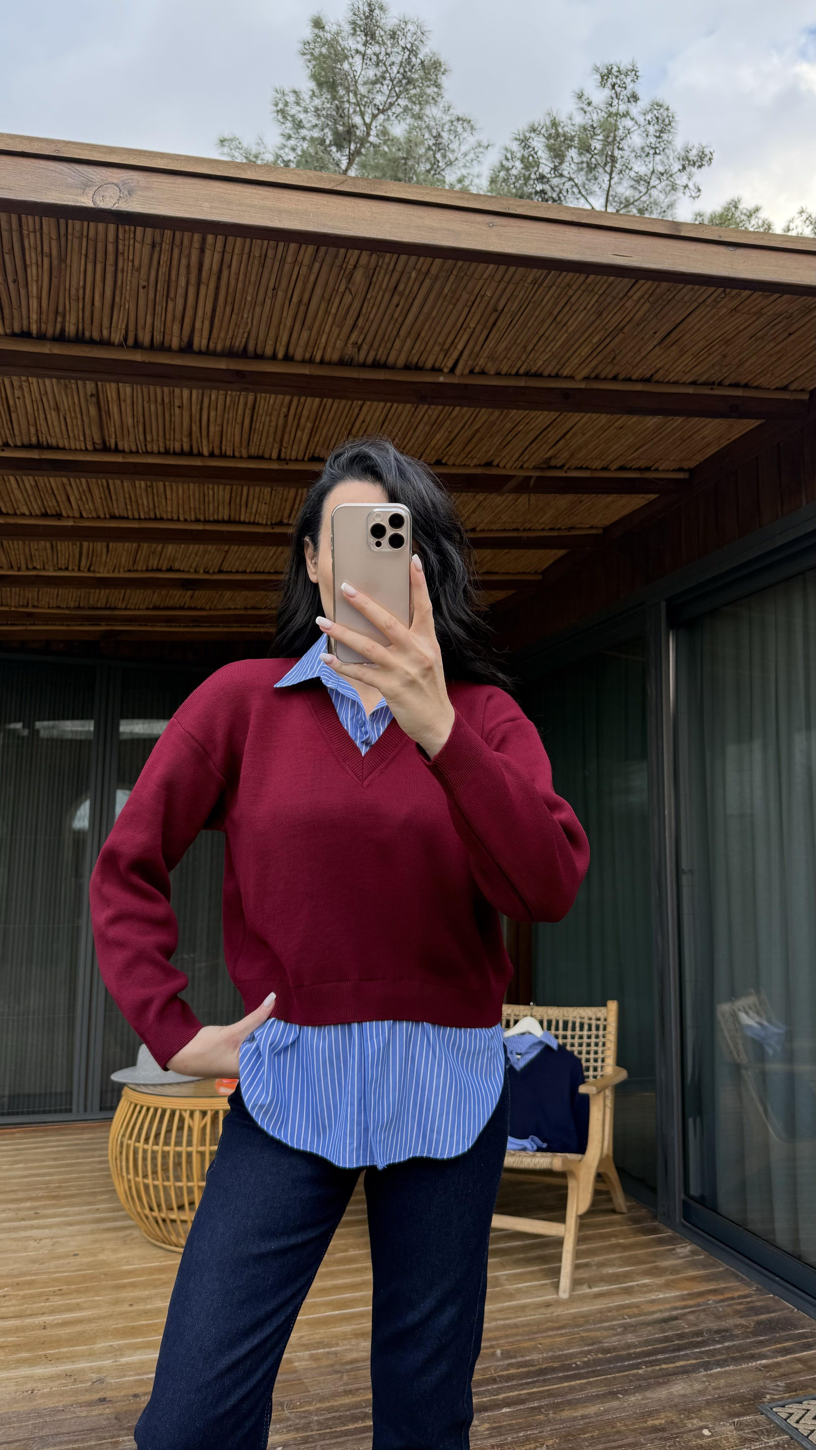 Bordo Gömlek Detaylı Triko
