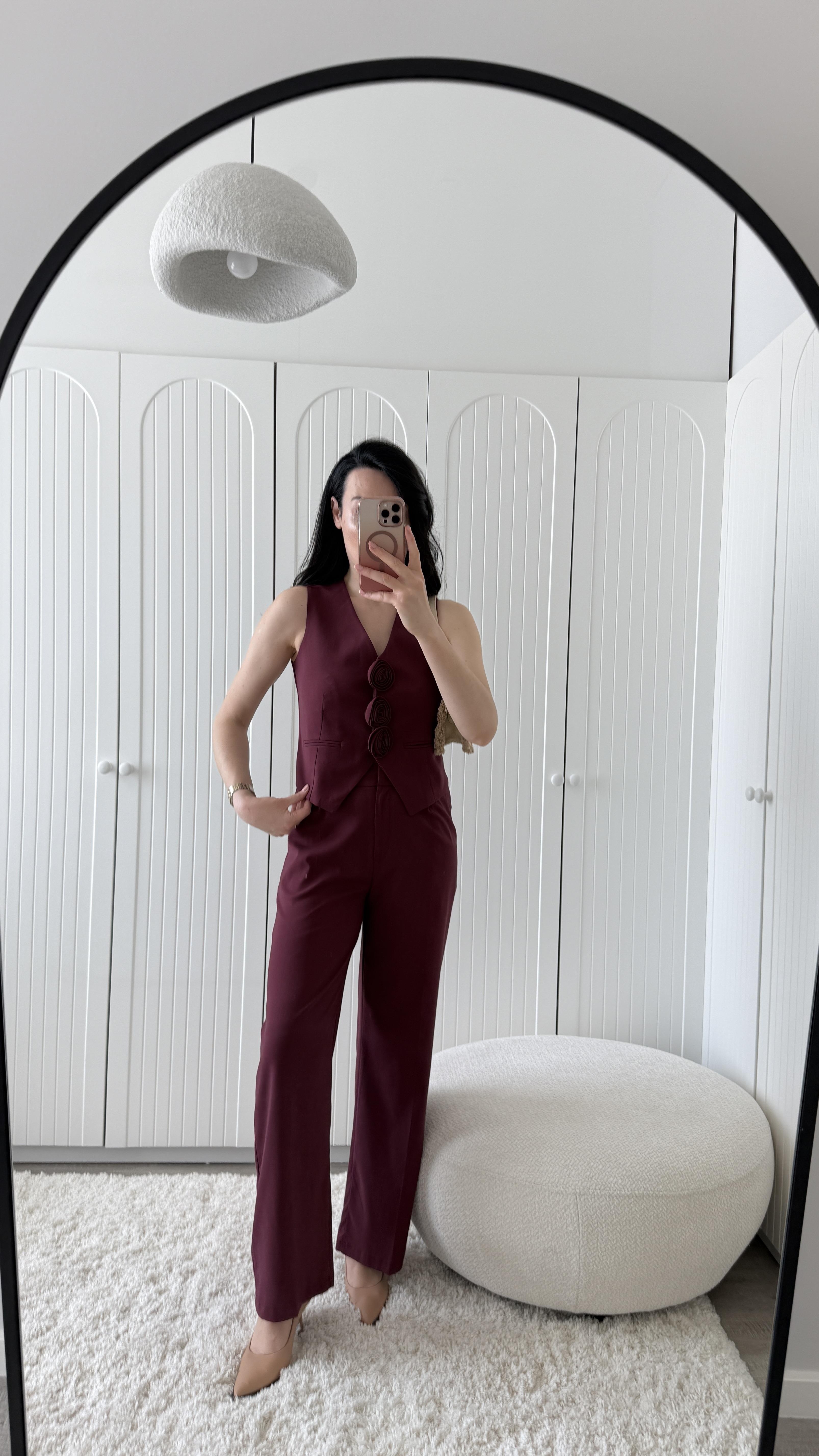 Bordo Gül Detaylı Yelekli Takım