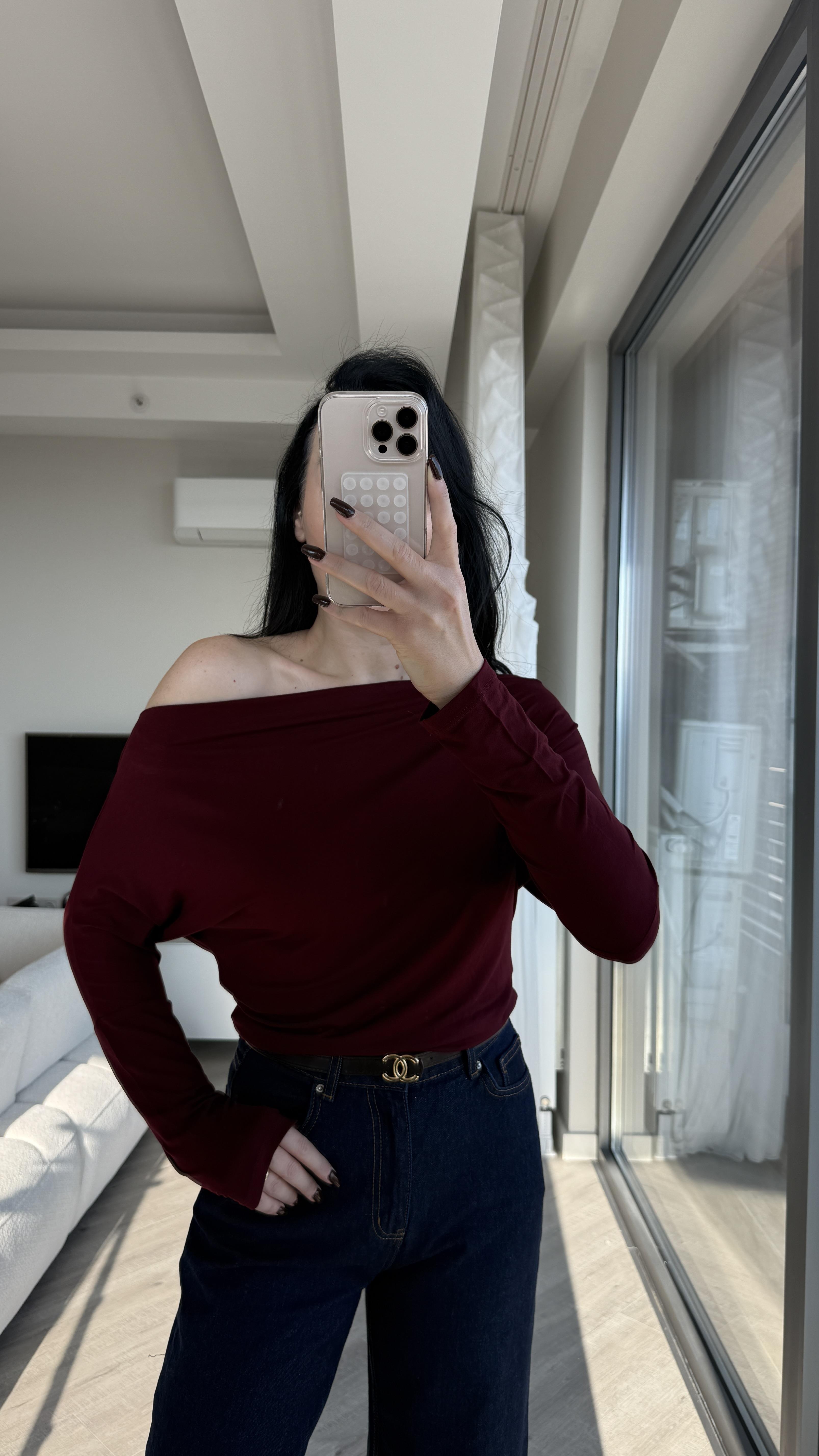 Bordo Kayık Yakalı Bluz