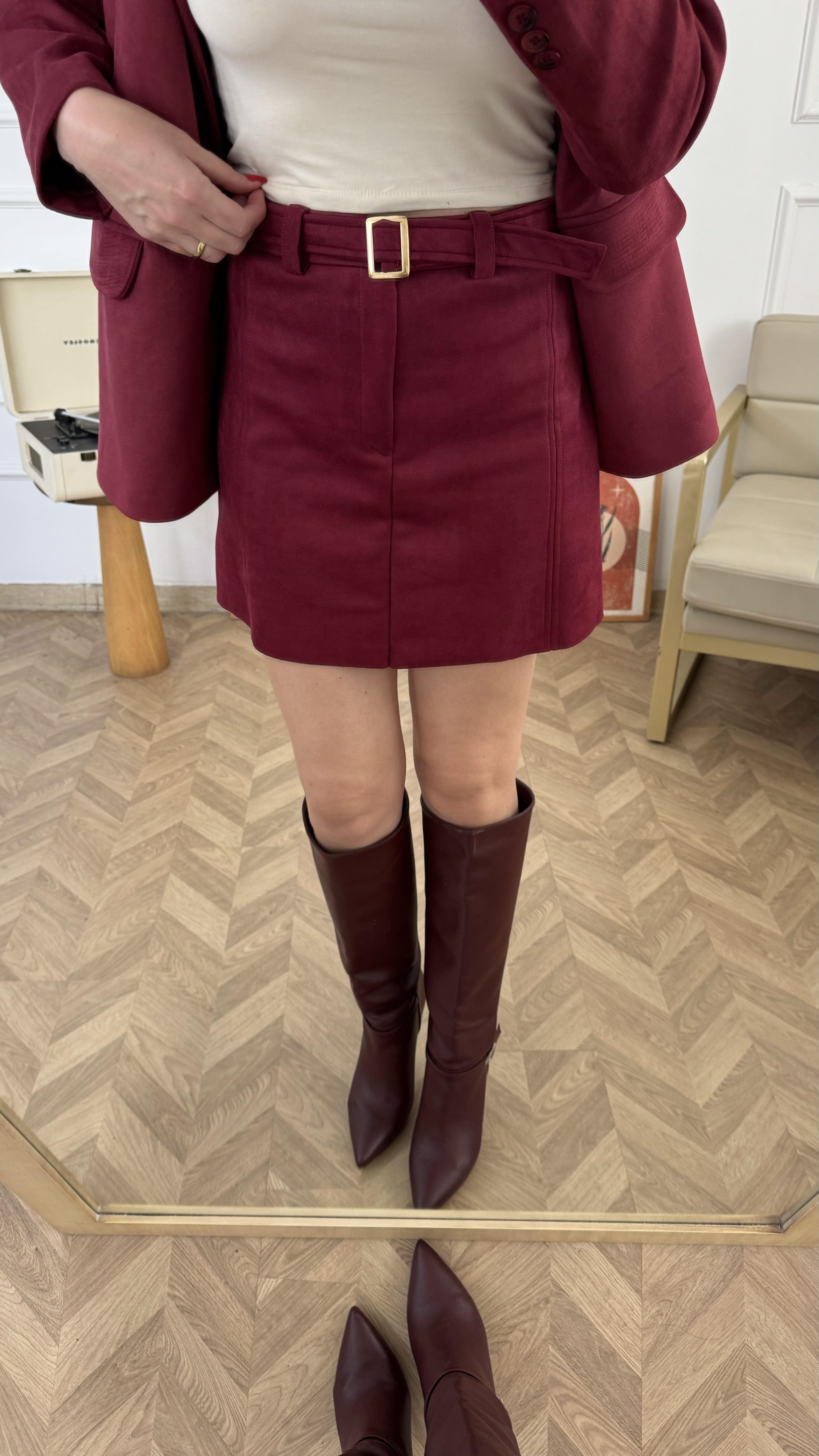 Bordo Kemerli Süet Etek