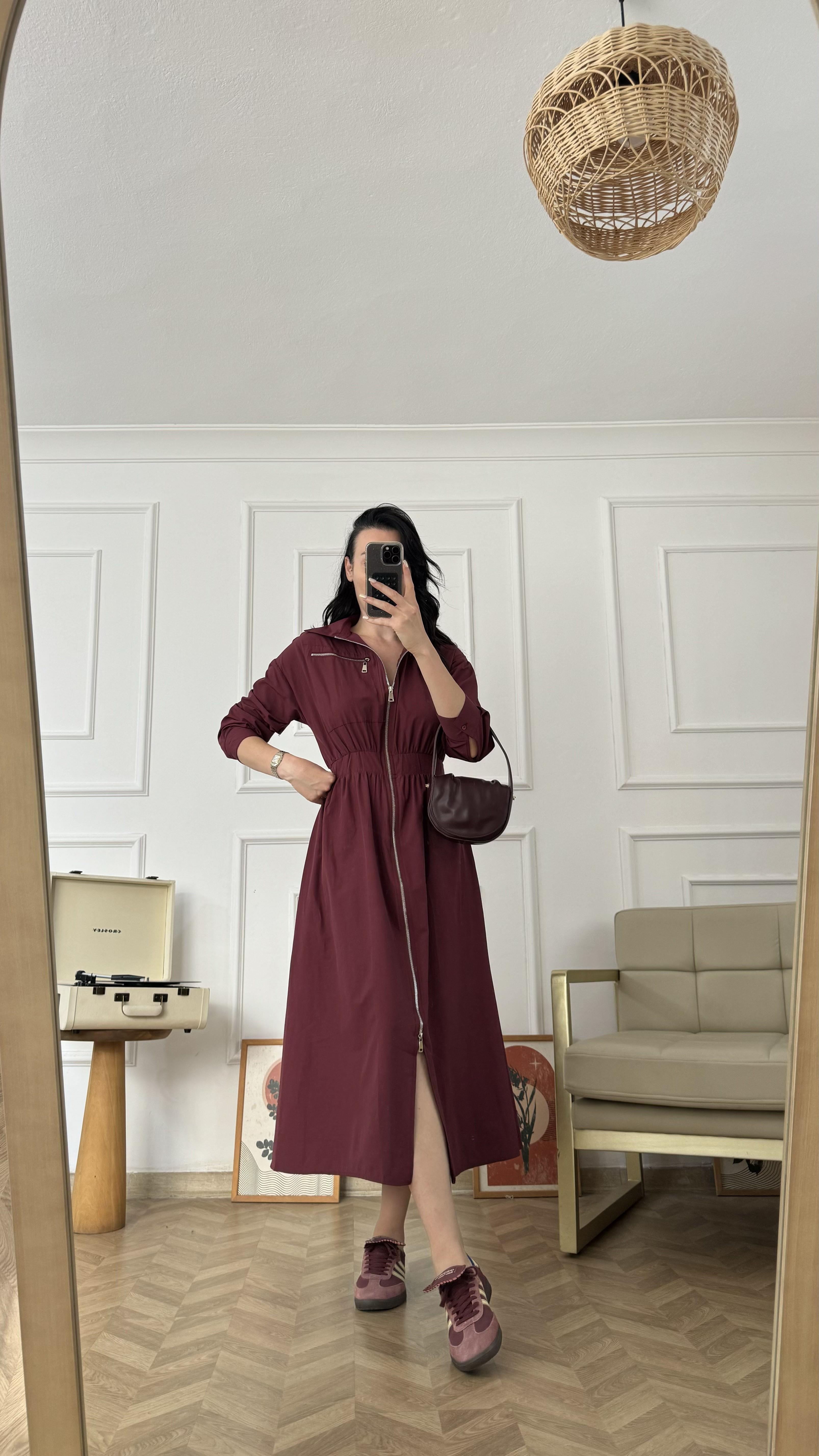 Bordo Önden Fermuarlı Tok Poplin Kumaş Elbise