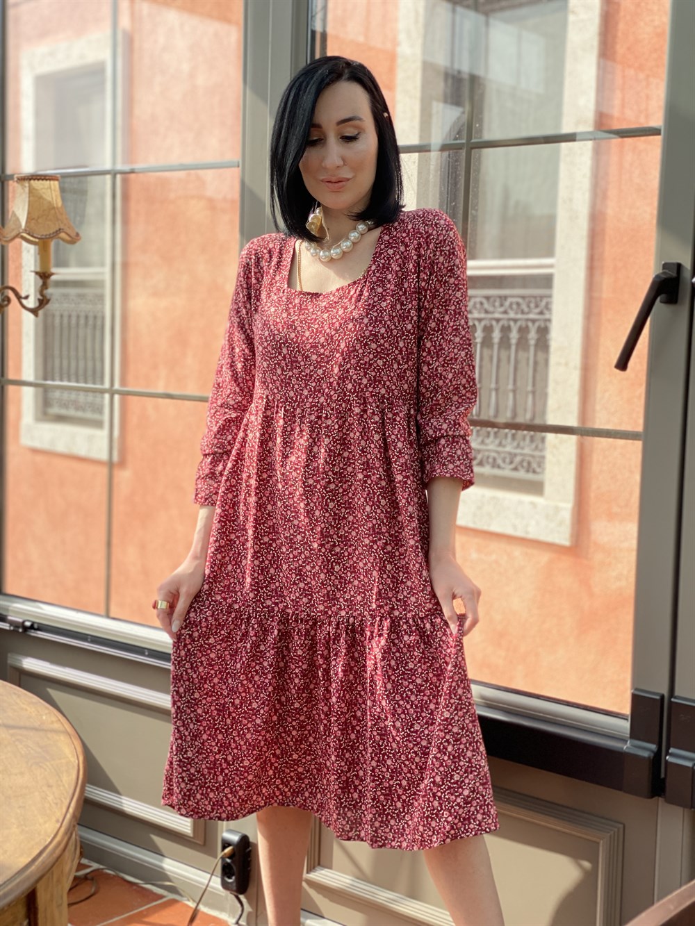 Bordo Pembe Kare Yaka Minik Çiçek Desen El