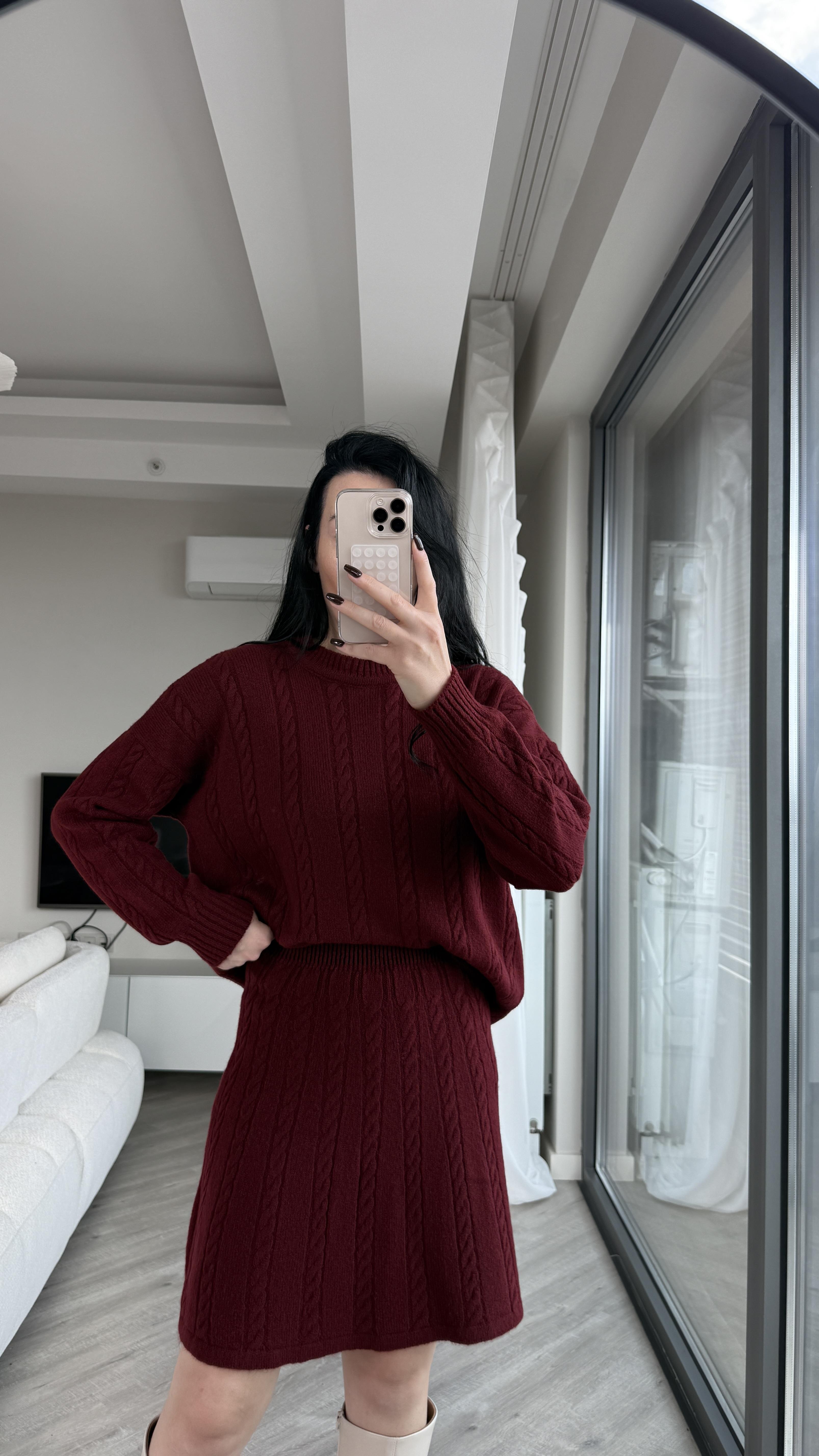 Bordo Saç Örgü Etekli Triko Takım
