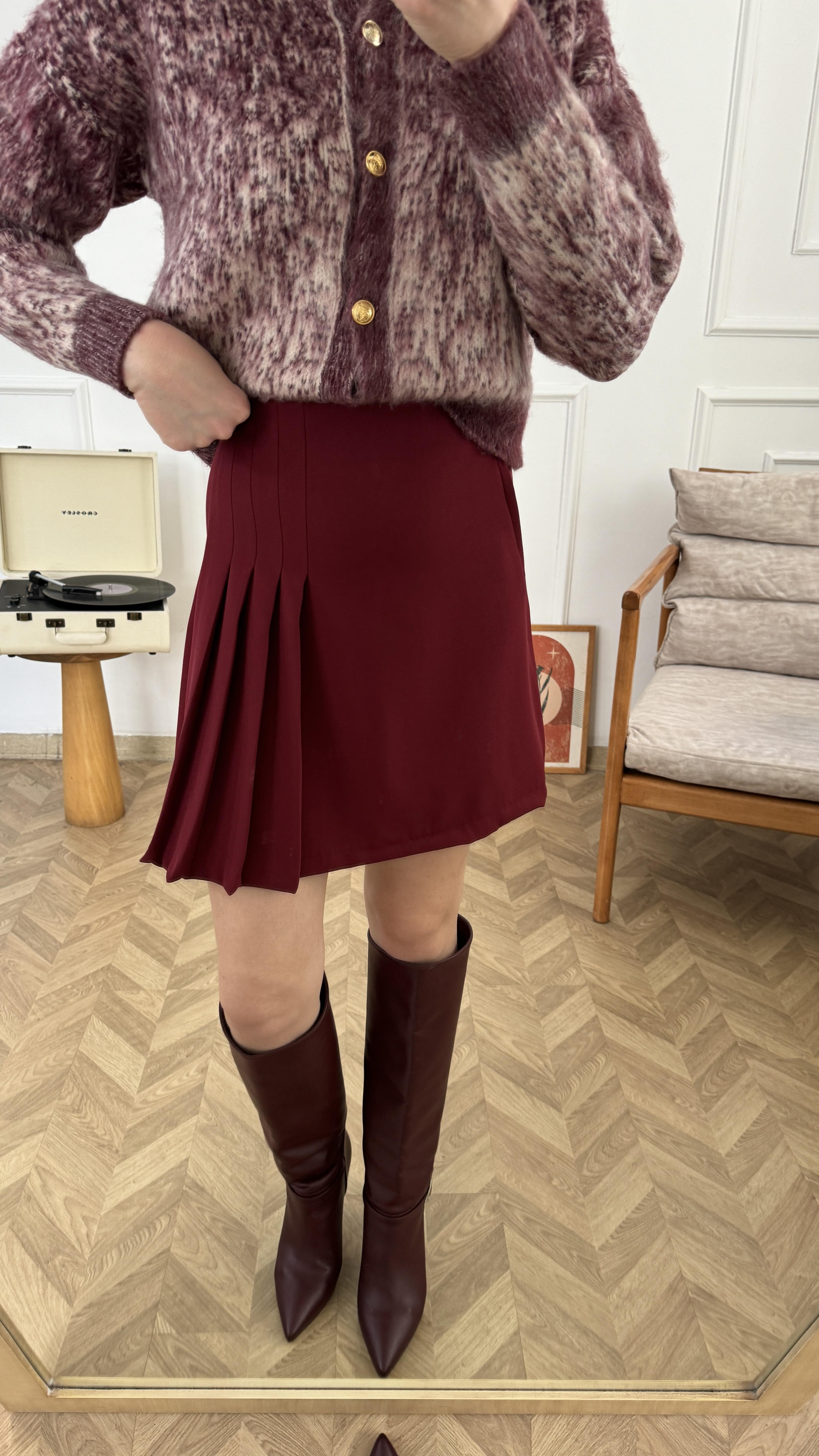 Bordo Yandan Pileli Etek