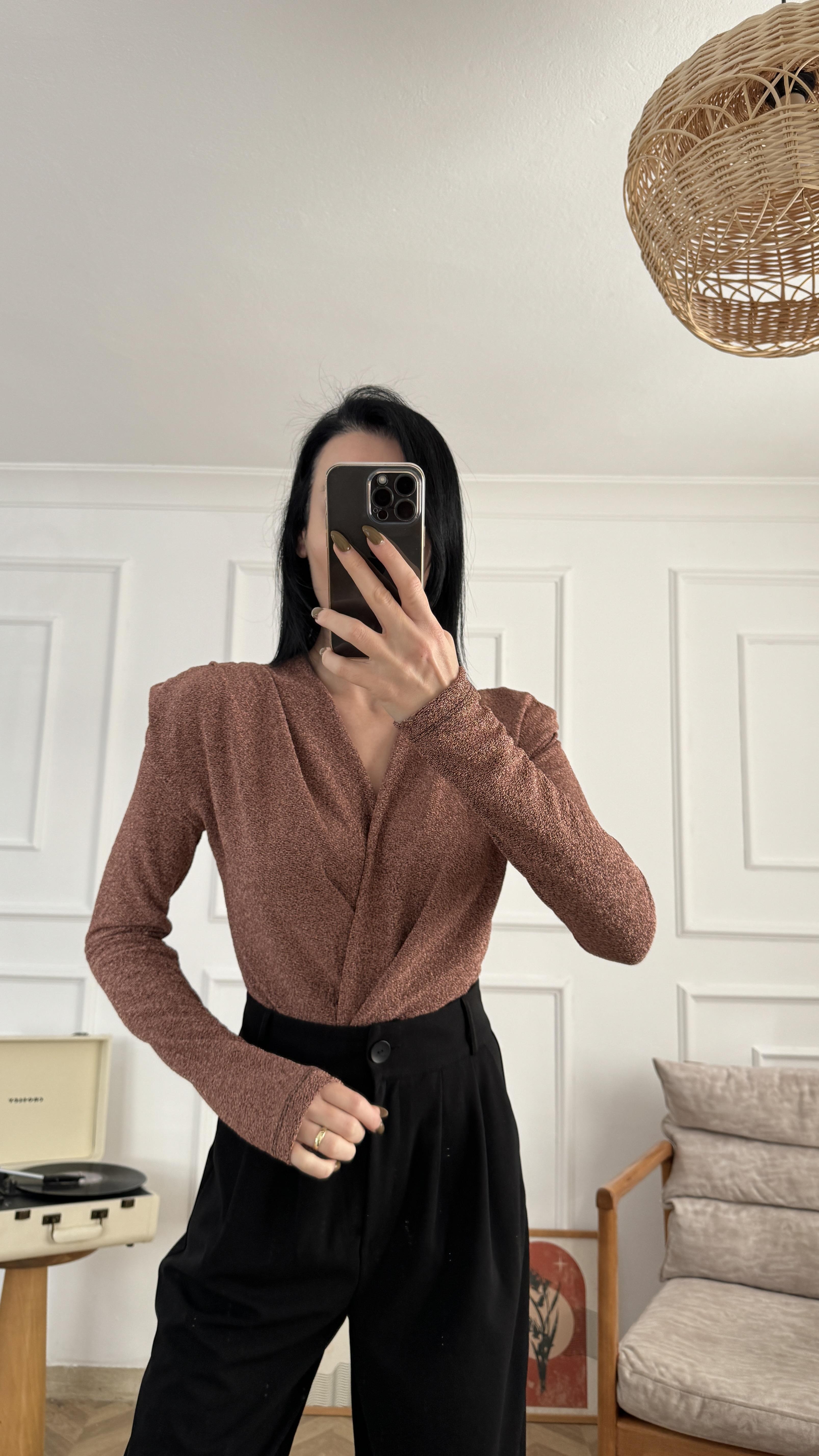 Bronz Işıltılı Kruvaze Bodysuit