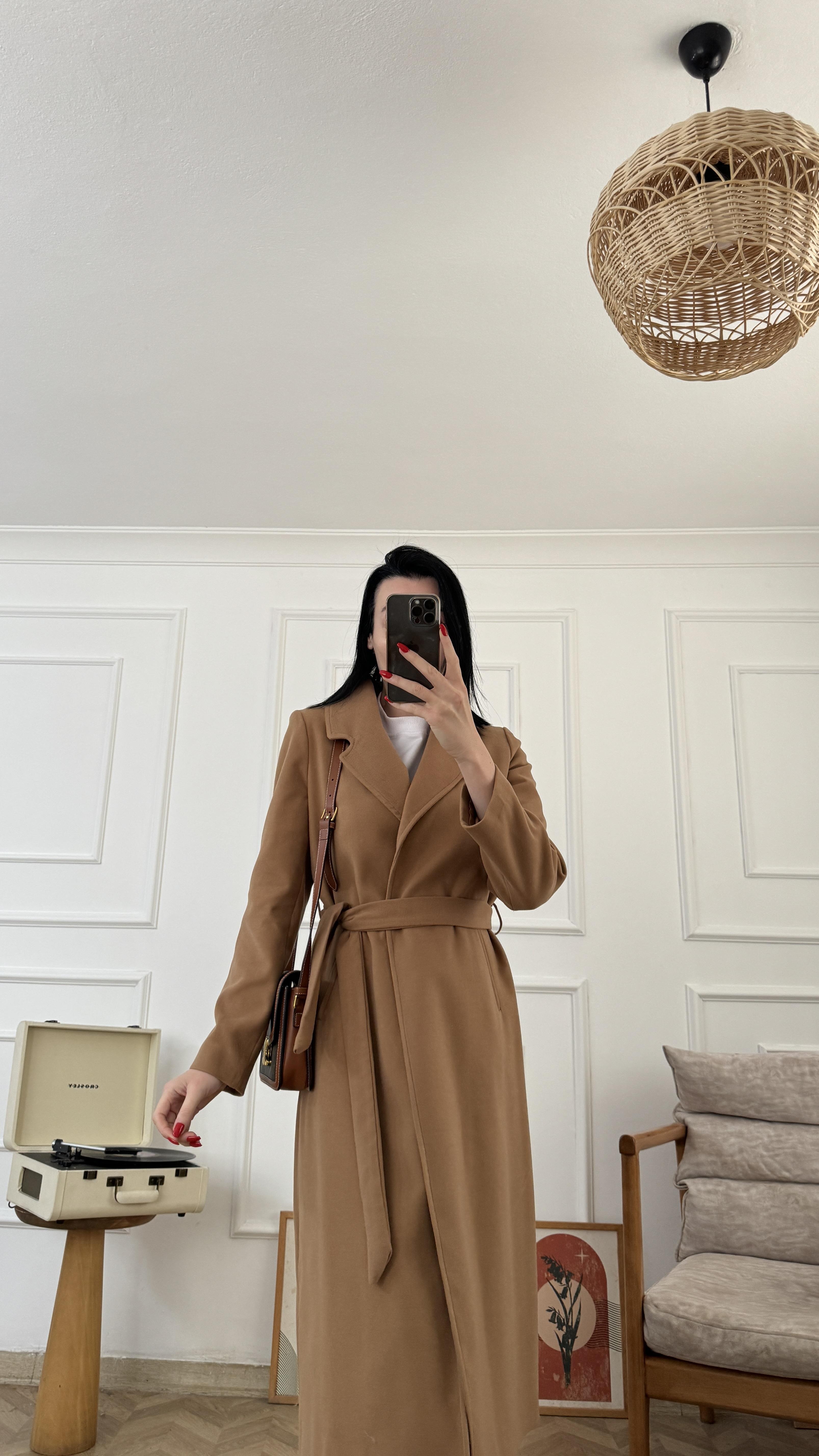 Camel Astarlı Premium Kuşaklı Kaşe Kaban